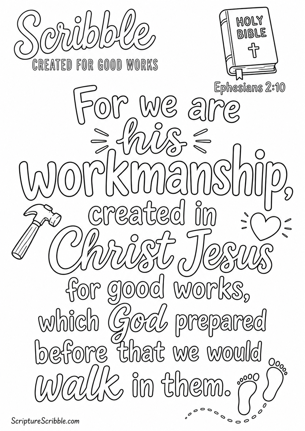 Black-and-white Ephesians 2:10 Scripture typography colouring page with the verse in large, clear outlined lettering.