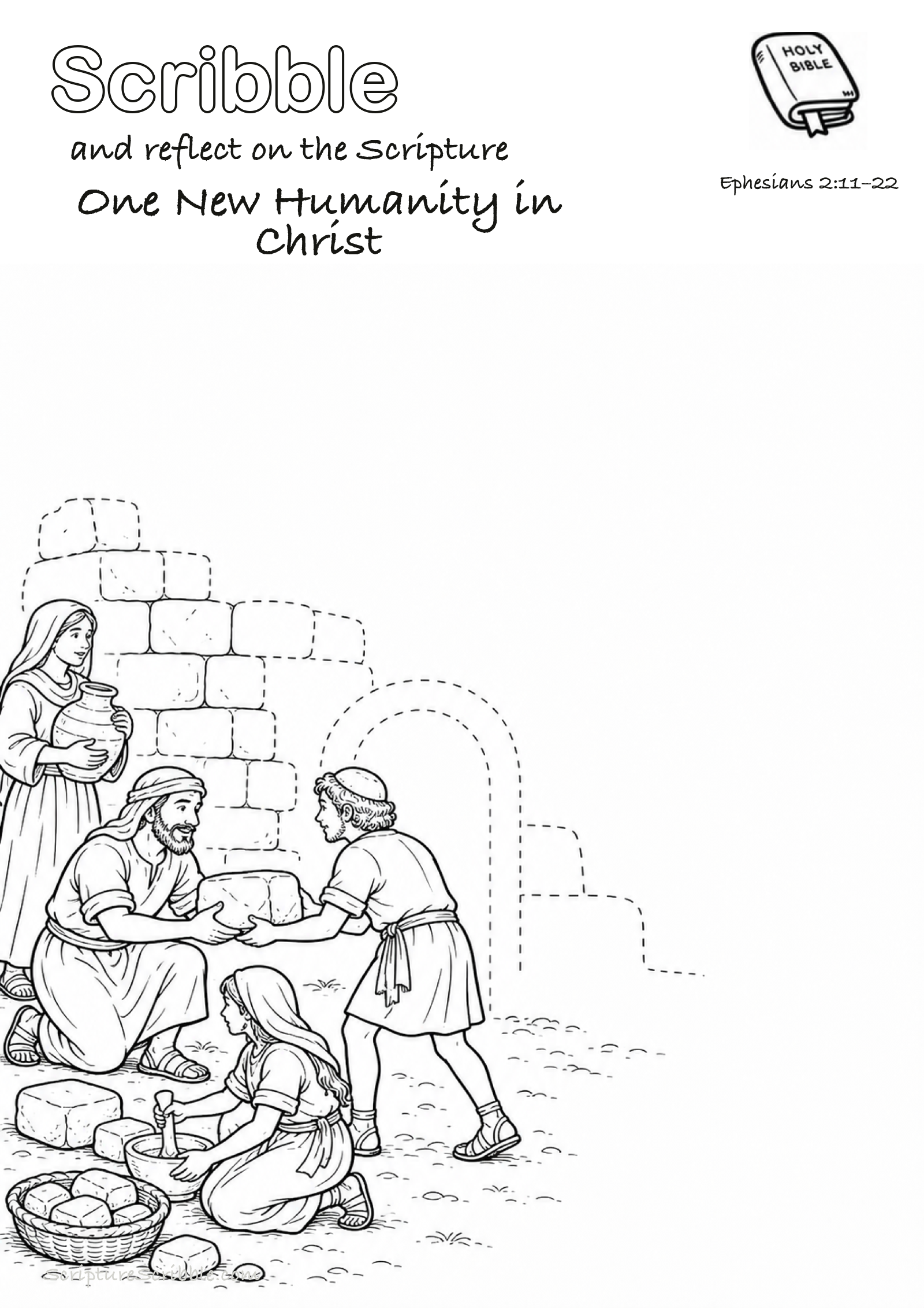 Black-and-white Ephesians 2:11–22 devotional drawing page titled One New Humanity in Christ, with a branded header, Bible reference and unfinished Bible scene.