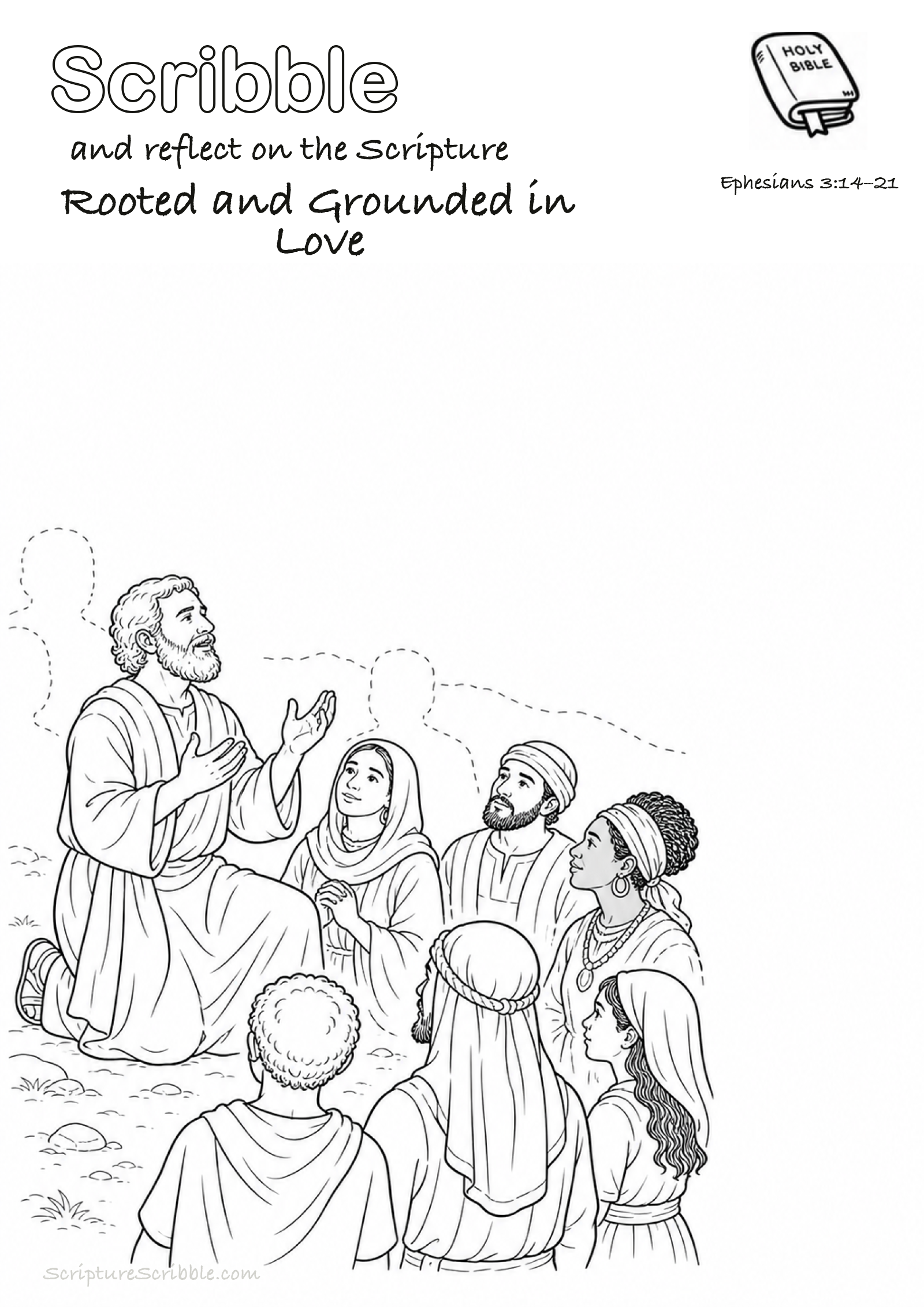 Black-and-white Ephesians 3:14–21 devotional drawing page titled Rooted and Grounded in Love, with a branded header, Bible reference and unfinished Bible scene.