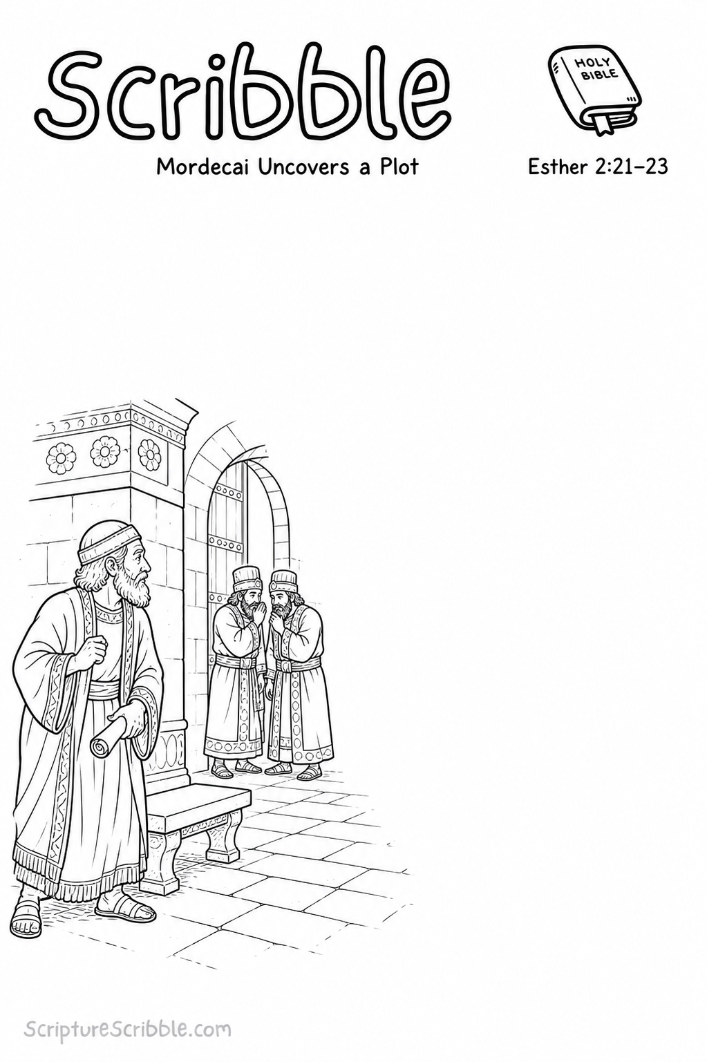 Black-and-white Esther 2:21–23 Scribble printable showing Mordecai holding a message while two officials whisper near a Persian palace gate.