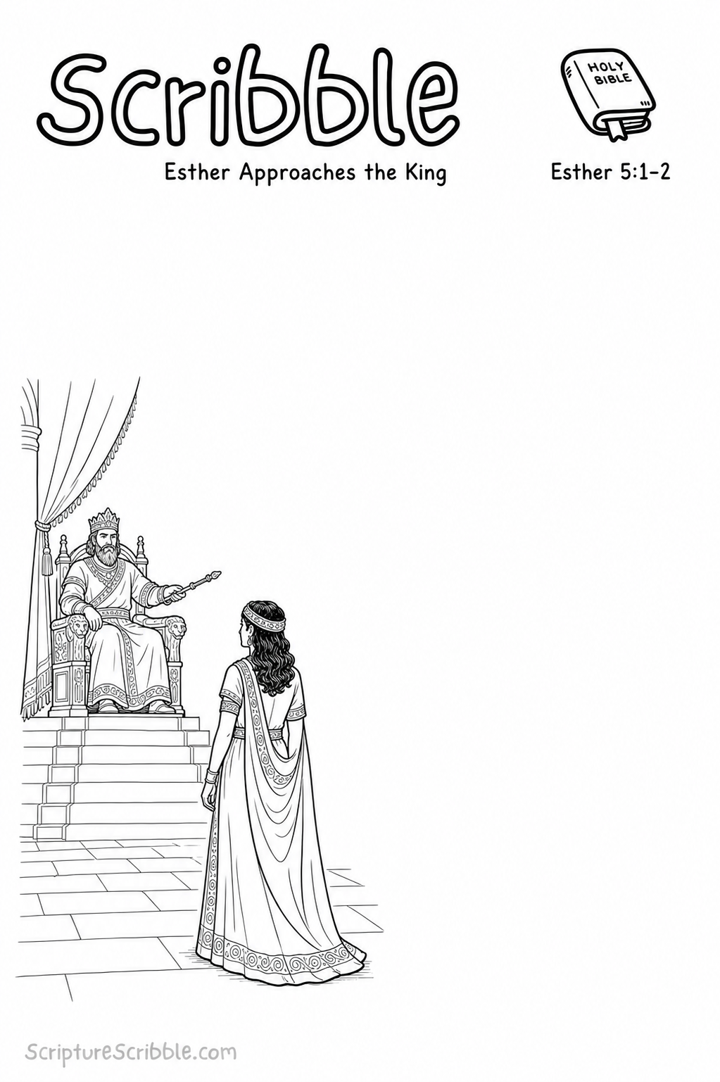 Black-and-white Esther 5:1–2 Scribble printable showing Queen Esther standing in the inner court while the king extends his sceptre.