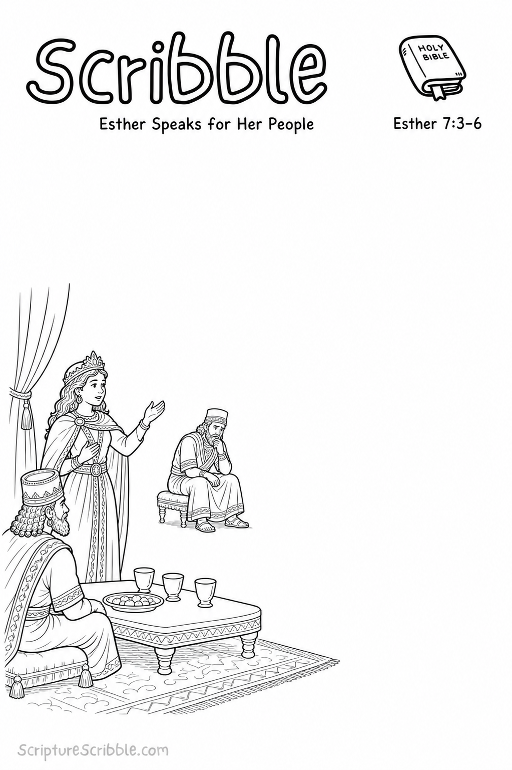 Black-and-white Esther 7:3–6 Scribble printable showing Queen Esther speaking beside a banquet table before the king and Haman.