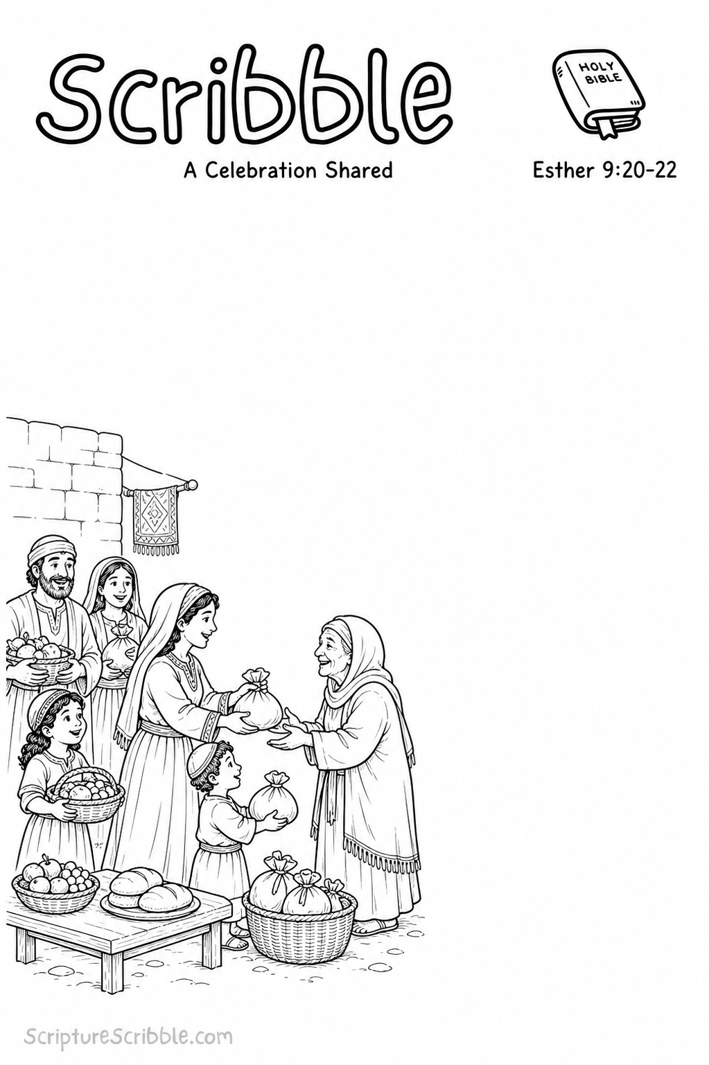 Black-and-white Esther 9:20–22 Scribble printable showing women, men and children sharing food parcels with an older neighbour.