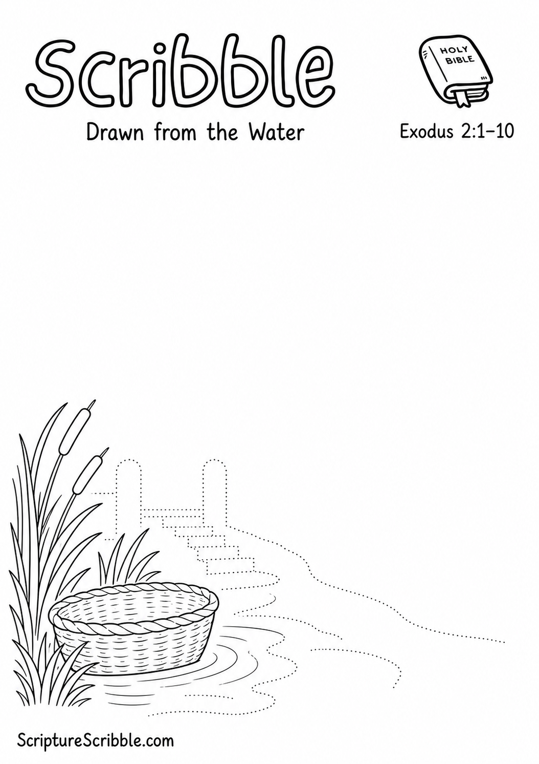 Black-and-white Exodus 2:1–10 devotional drawing printable titled Drawn from the Water, with an incomplete river basket, reeds and unfinished palace path scene to finish