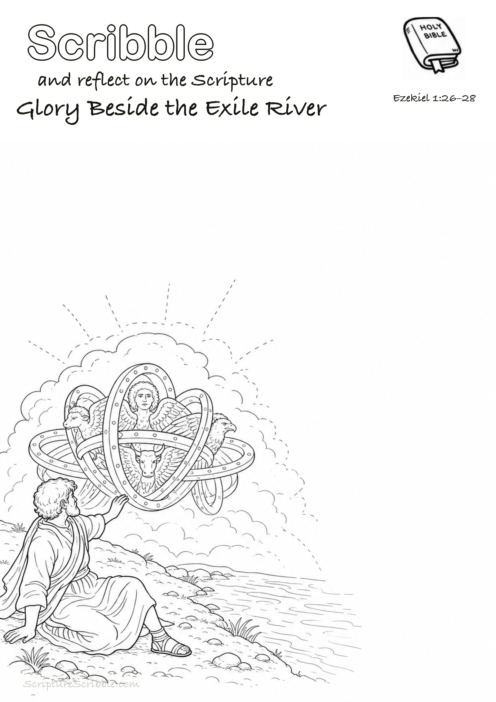 Black-and-white Ezekiel 1:26–28 devotional drawing page titled Glory Beside the Exile River, with a branded header, Bible reference and unfinished Bible scene.