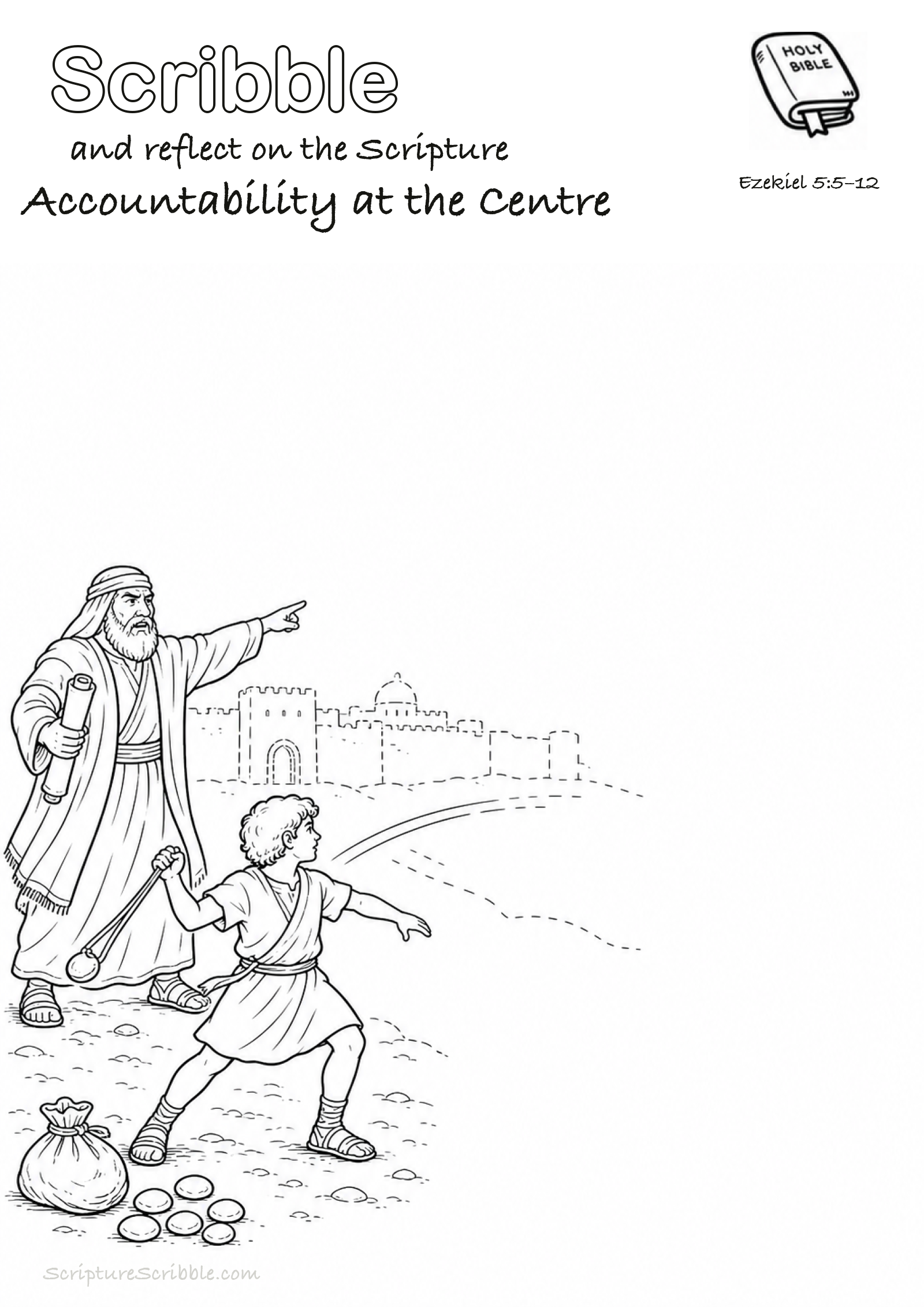 Black-and-white Ezekiel 5:5–12 devotional drawing page titled Accountability at the Centre, with a branded header, Bible reference and unfinished Bible scene.