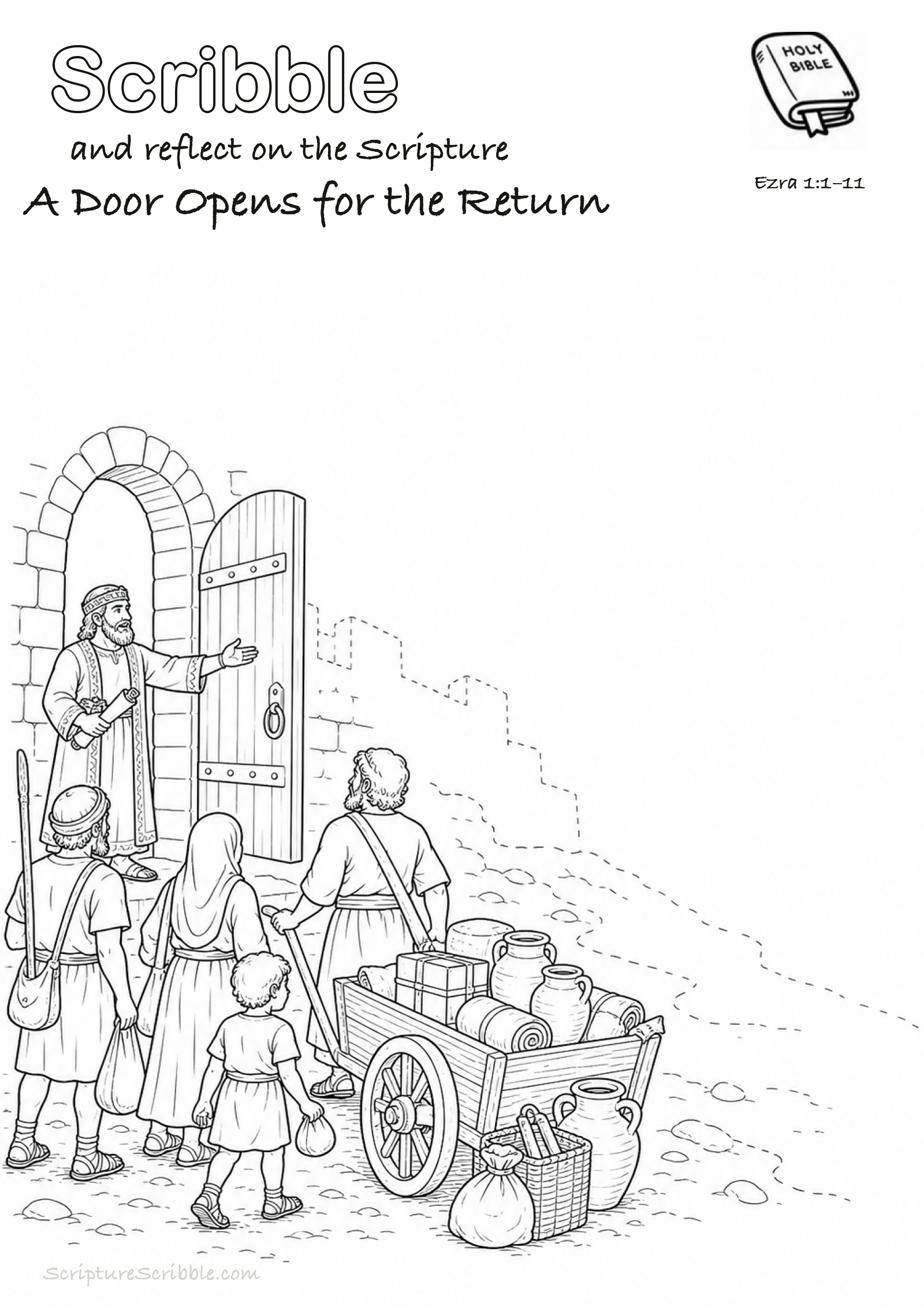 Black-and-white Ezra 1:1–11 devotional drawing page titled A Door Opens for the Return, with a branded header, Bible reference and unfinished Bible scene.