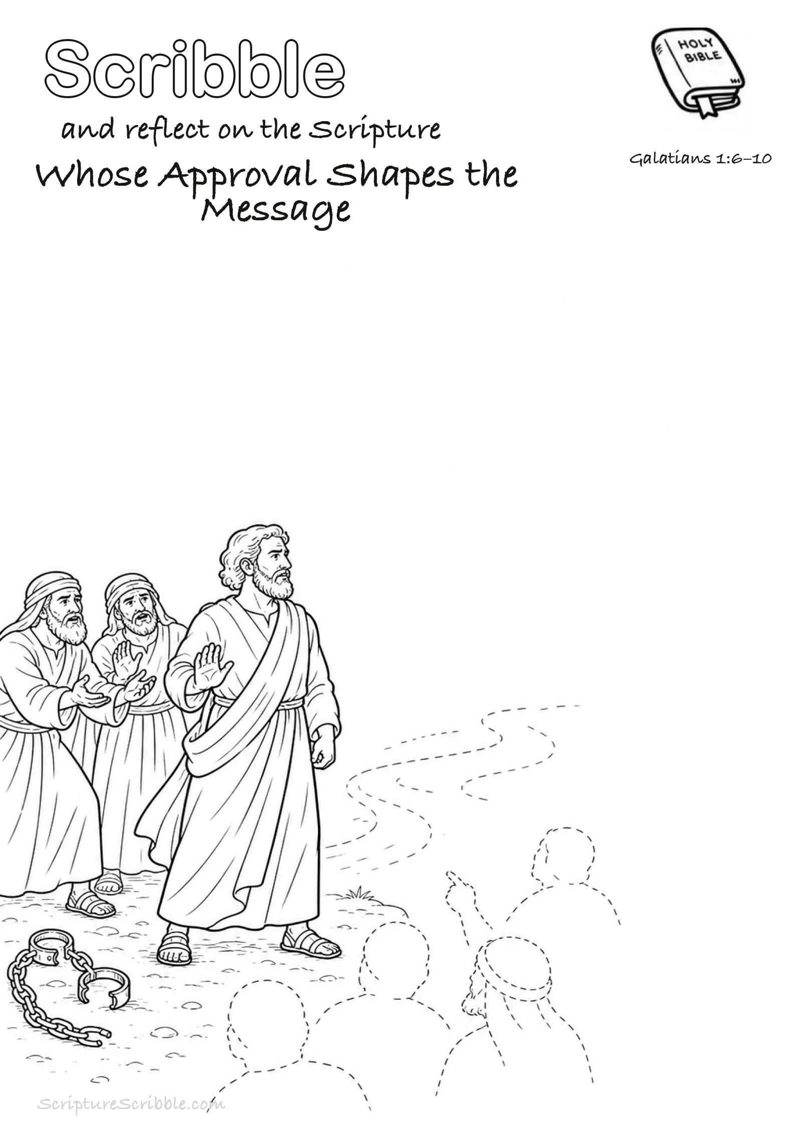 Black-and-white Galatians 1:6–10 devotional drawing page titled Whose Approval Shapes the Message, with a branded header, Bible reference and unfinished Bible scene.