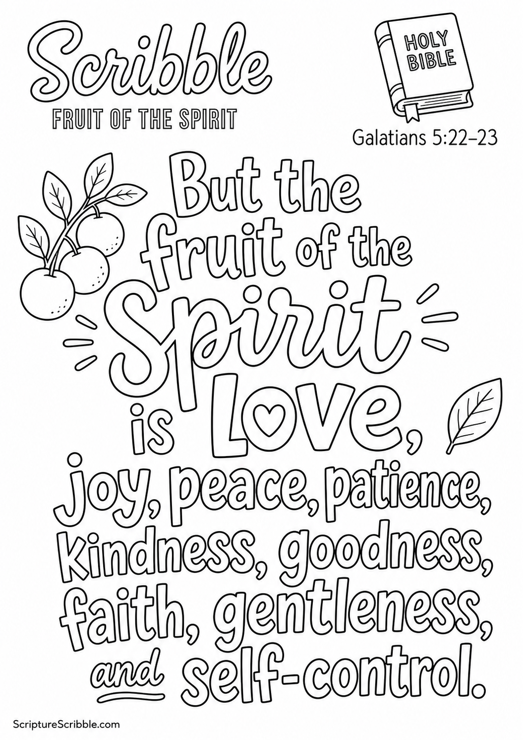 Black-and-white Galatians 5:22–23 Scripture typography colouring page with the verse in large, clear outlined lettering.