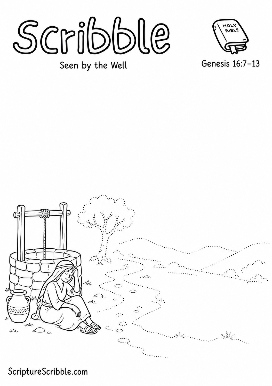Black-and-white Genesis 16:7–13 devotional drawing printable titled Seen by the Well, with an incomplete desert well and unfinished road scene to finish
