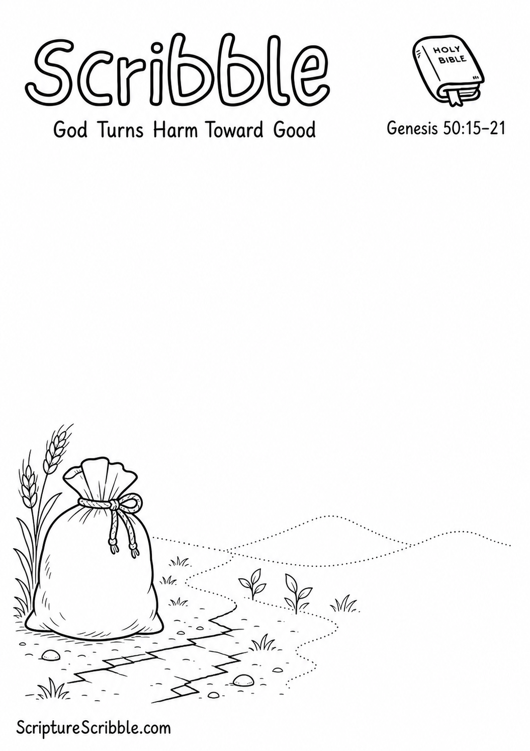 Black-and-white Genesis 50:15–21 devotional drawing printable titled God Turns Harm Toward Good, with an incomplete grain sack, broken path and new growth scene to finish