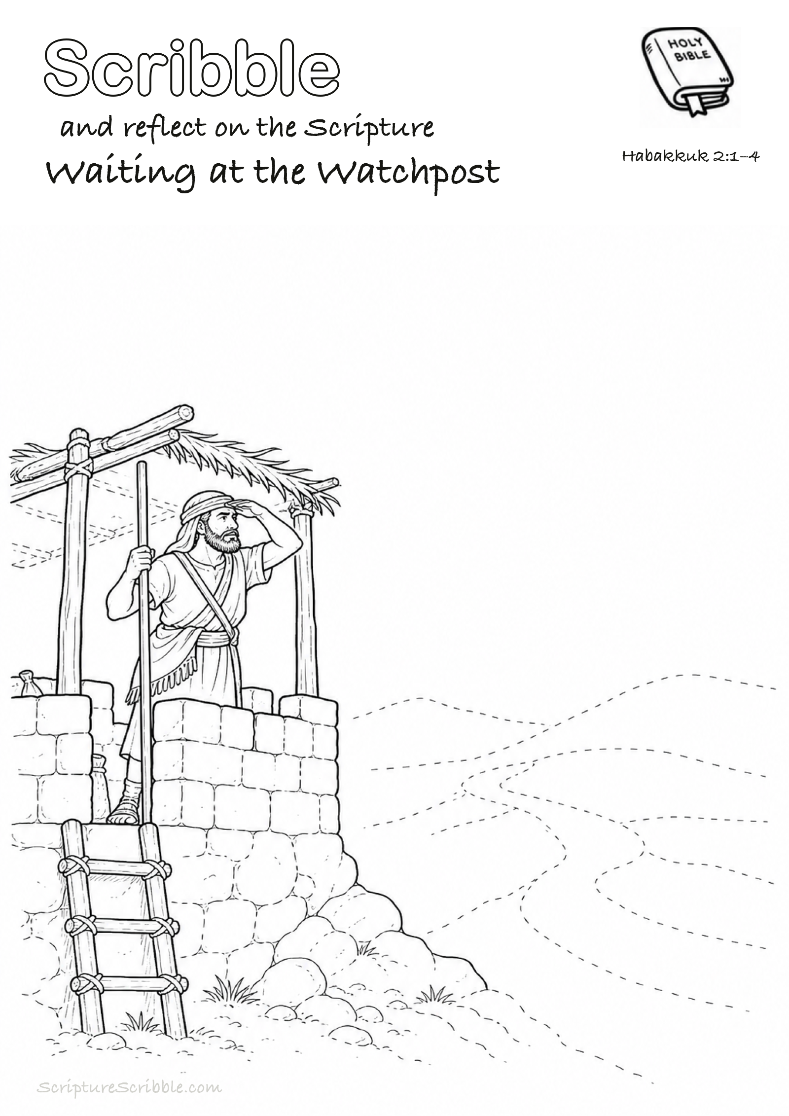 Black-and-white Habakkuk 2:1–4 devotional drawing page titled Waiting at the Watchpost, with a branded header, Bible reference and unfinished Bible scene.