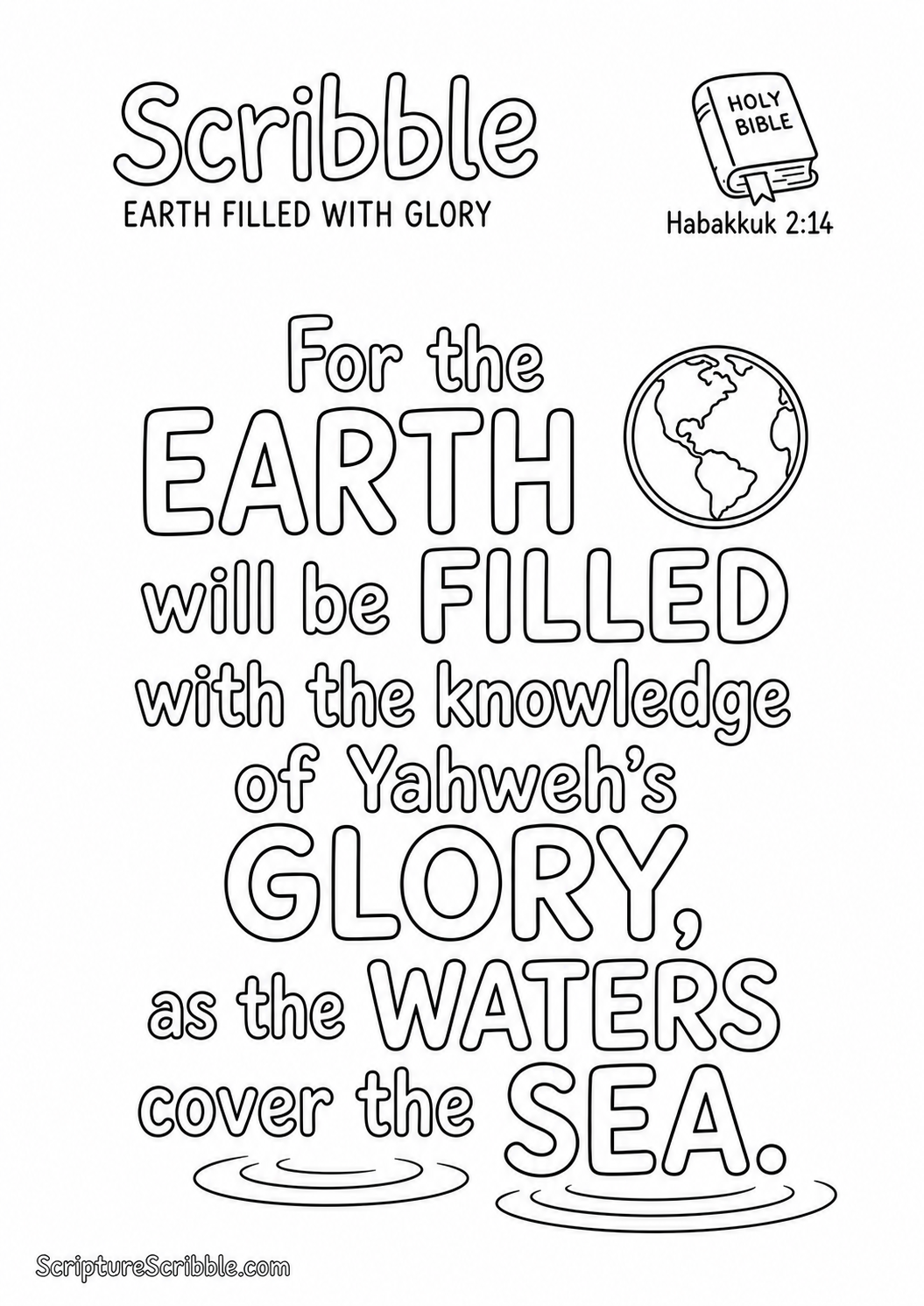 Black-and-white Habakkuk 2:14 Scripture typography colouring page featuring the full verse in large, clear outlined lettering.