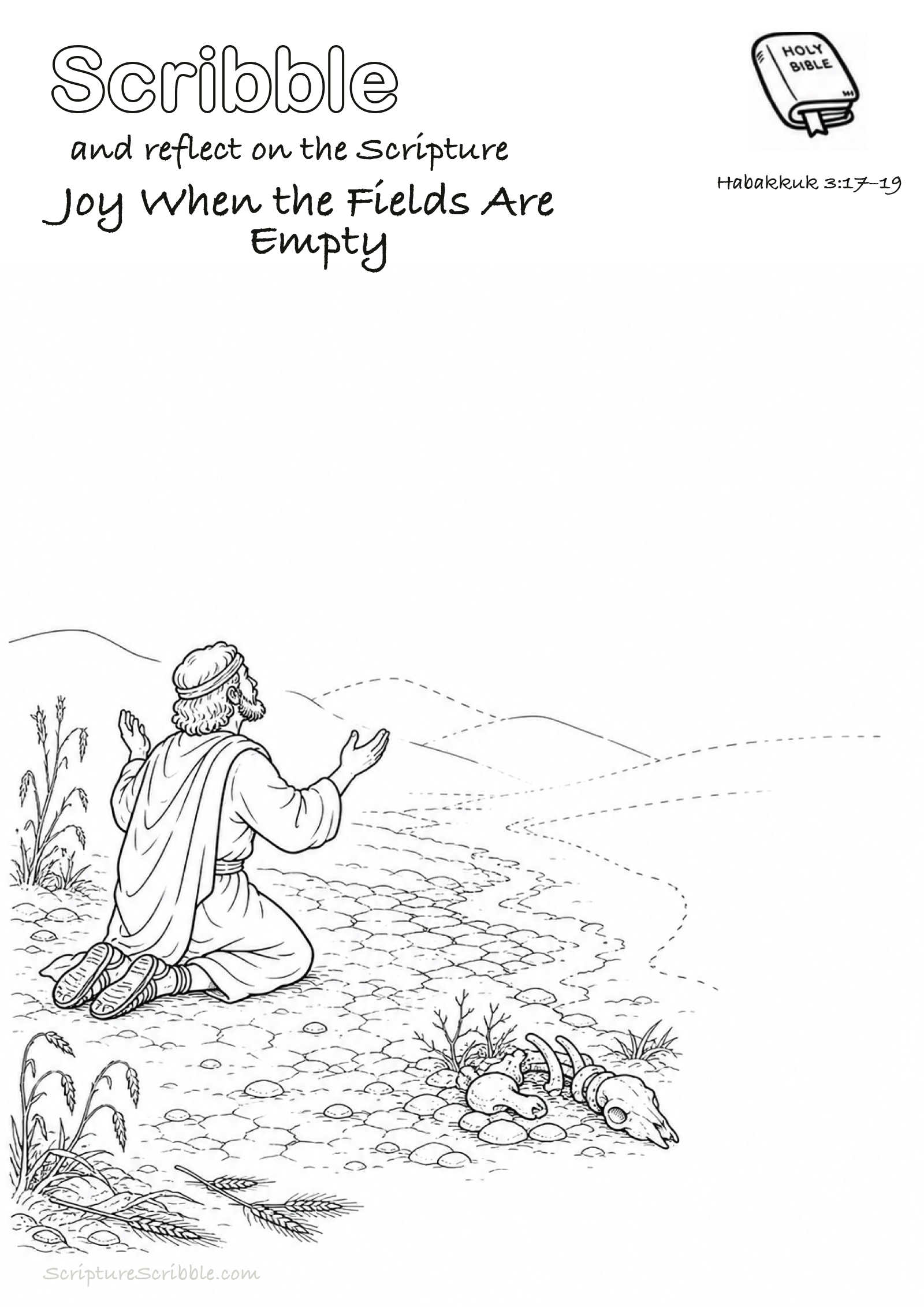 Black-and-white Habakkuk 3:17–19 devotional drawing page titled Joy When the Fields Are Empty, with a branded header, Bible reference and unfinished Bible scene.