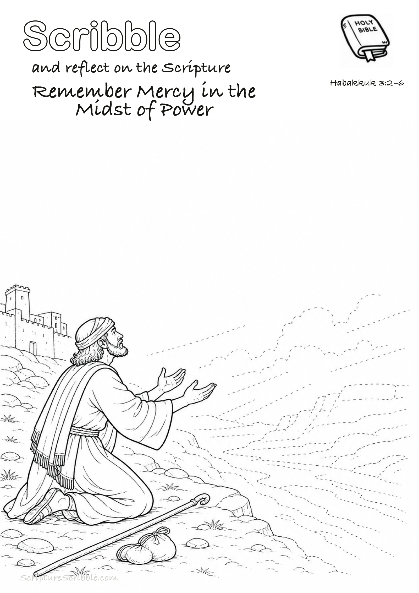 Black-and-white Habakkuk 3:2–6 devotional drawing page titled Remember Mercy in the Midst of Power, with a branded header, Bible reference and unfinished Bible scene.