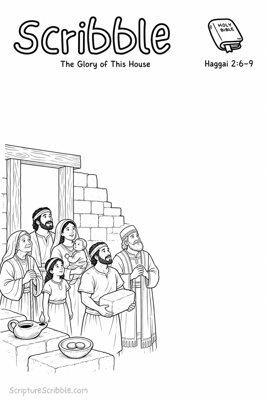 Black-and-white Haggai 2:6–9 Scribble printable showing a multigenerational community gathered beside an unfinished temple doorway.
