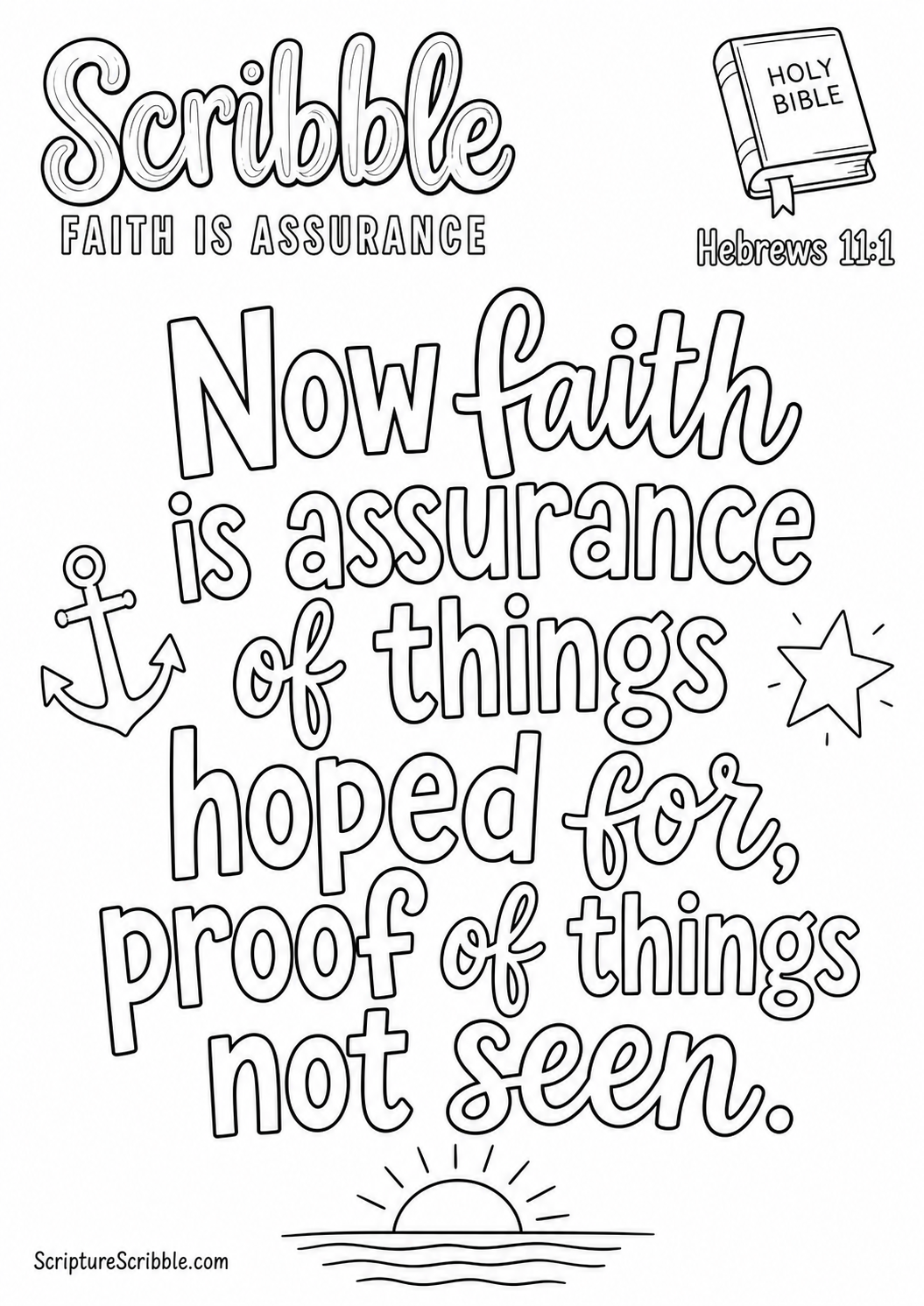 Black-and-white Hebrews 11:1 Scripture typography colouring page with the verse in large, clear outlined lettering.