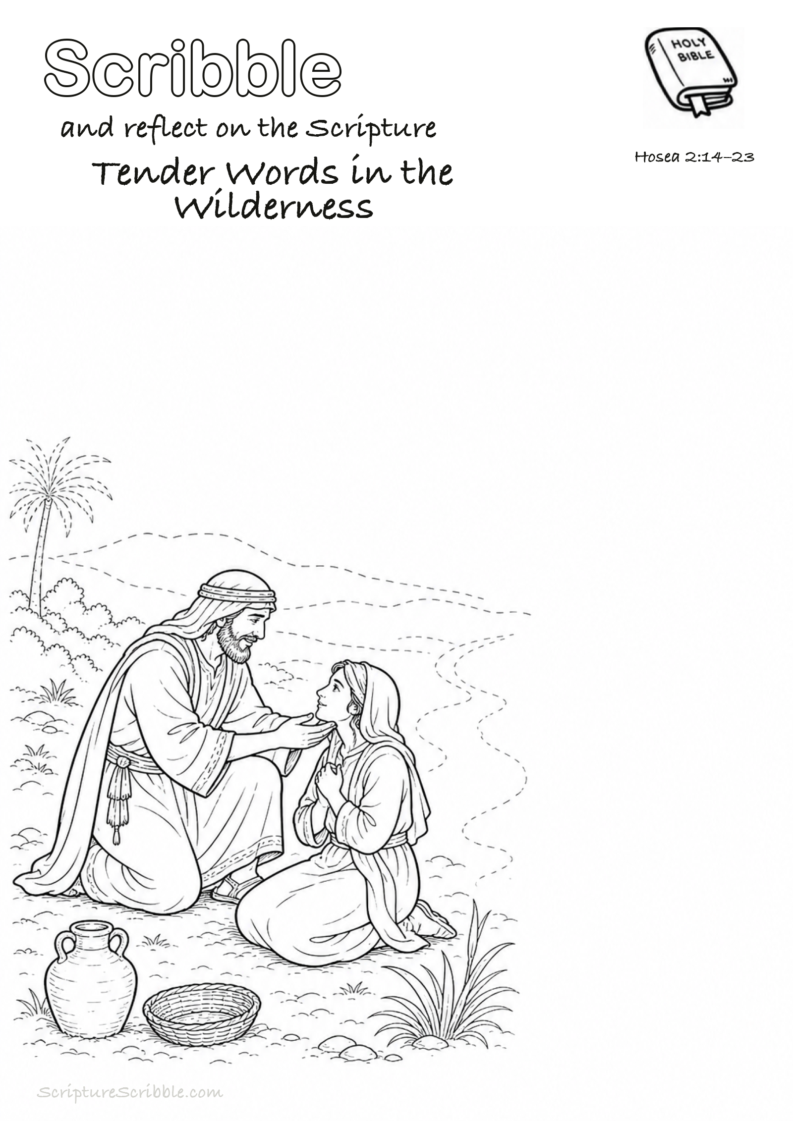 Black-and-white Hosea 2:14–23 devotional drawing page titled Tender Words in the Wilderness, with a branded header, Bible reference and unfinished Bible scene.