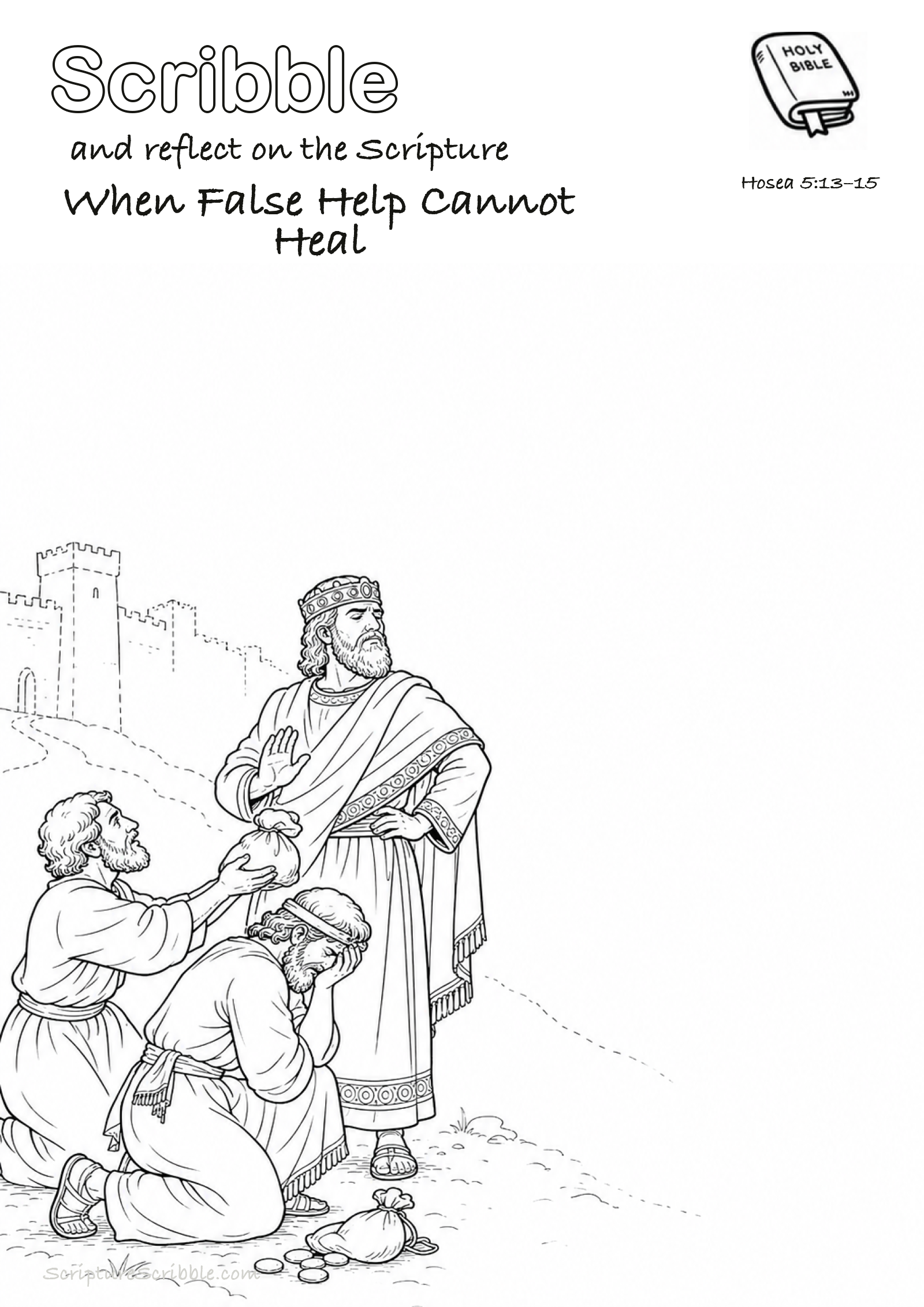 Black-and-white Hosea 5:13–15 devotional drawing page titled When False Help Cannot Heal, with a branded header, Bible reference and unfinished Bible scene.