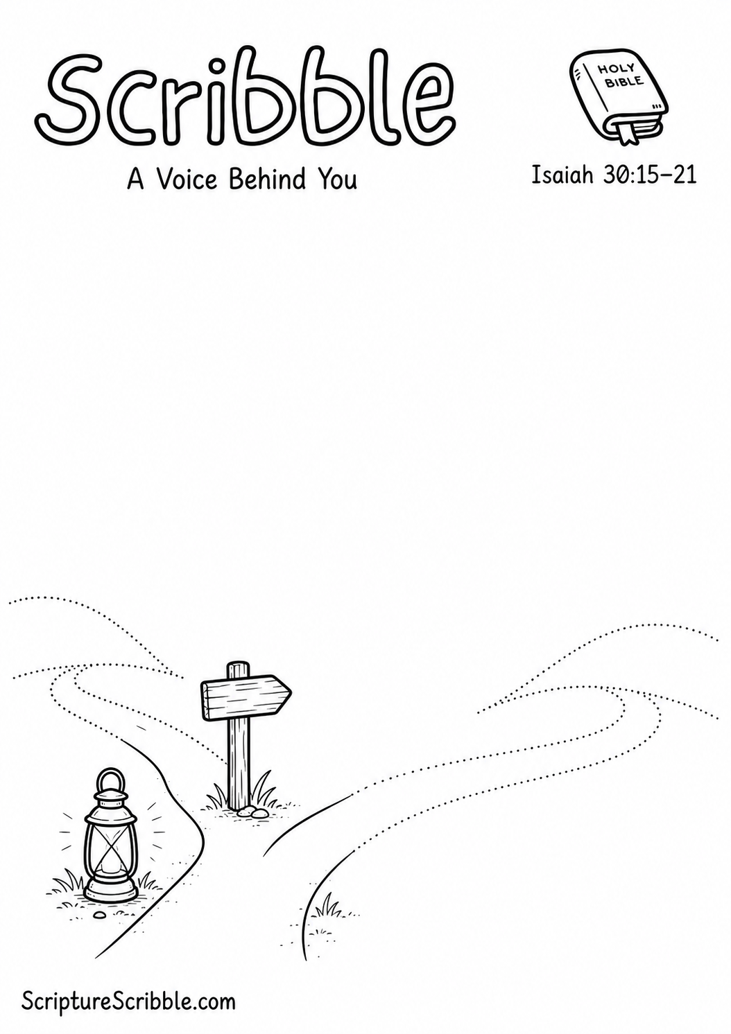 Black-and-white Isaiah 30:15–21 devotional drawing printable titled A Voice Behind You, with an incomplete forked path, lamp and unfinished signpost scene to finish