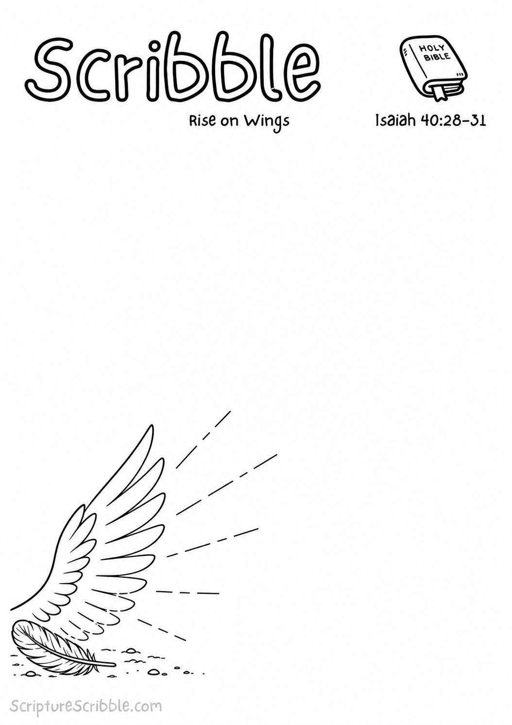 Black-and-white Isaiah 40:28–31 devotional drawing printable titled Rise on Wings, with an incomplete unfinished wing and fallen feather scene to finish