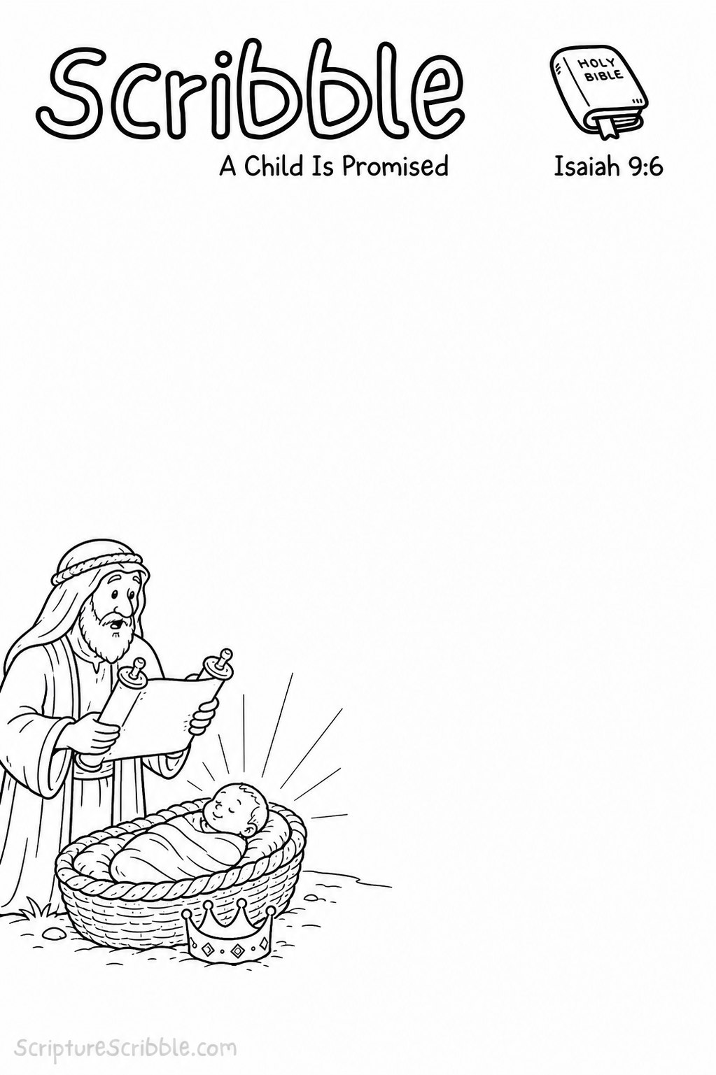 Black-and-white Isaiah 9:6 Christmas Scribble printable with Isaiah reading a scroll beside a swaddled infant, a small crown and unfinished rays of light.