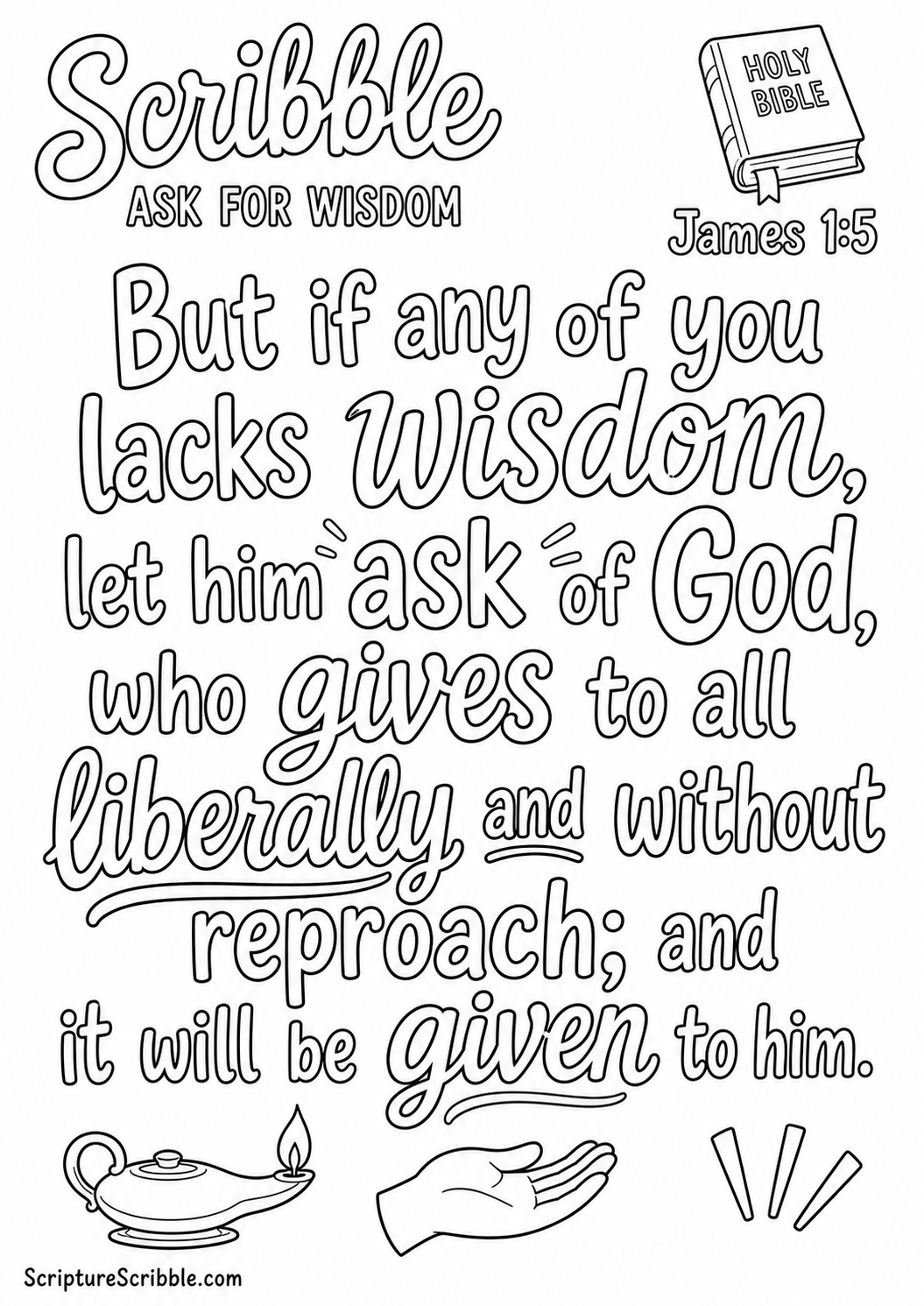 Black-and-white James 1:5 Scripture typography colouring page with the verse in large, clear outlined lettering.
