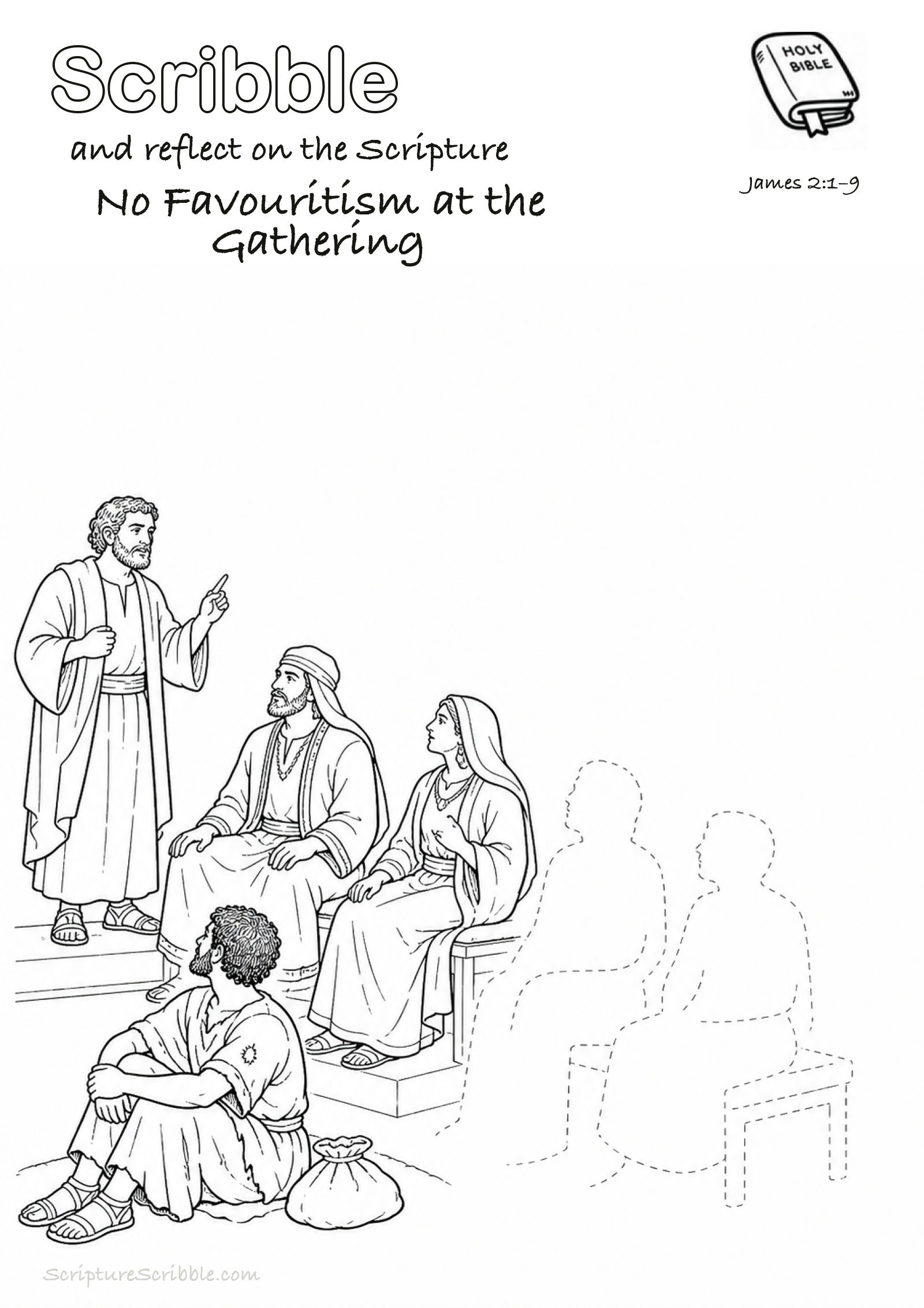 Black-and-white James 2:1–9 devotional drawing page titled No Favouritism at the Gathering, with a branded header, Bible reference and unfinished Bible scene.