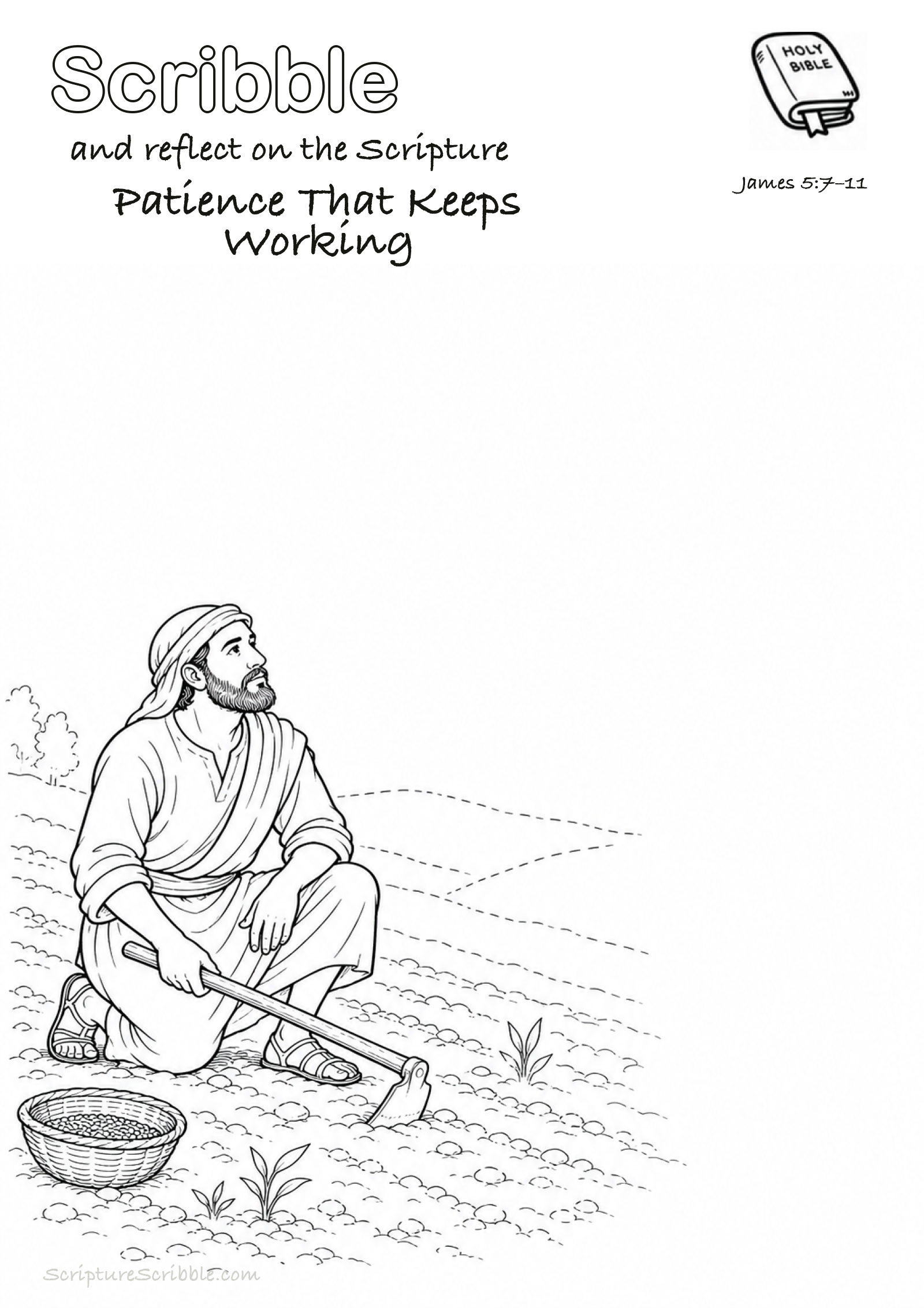 Black-and-white James 5:7–11 devotional drawing page titled Patience That Keeps Working, with a branded header, Bible reference and unfinished Bible scene.