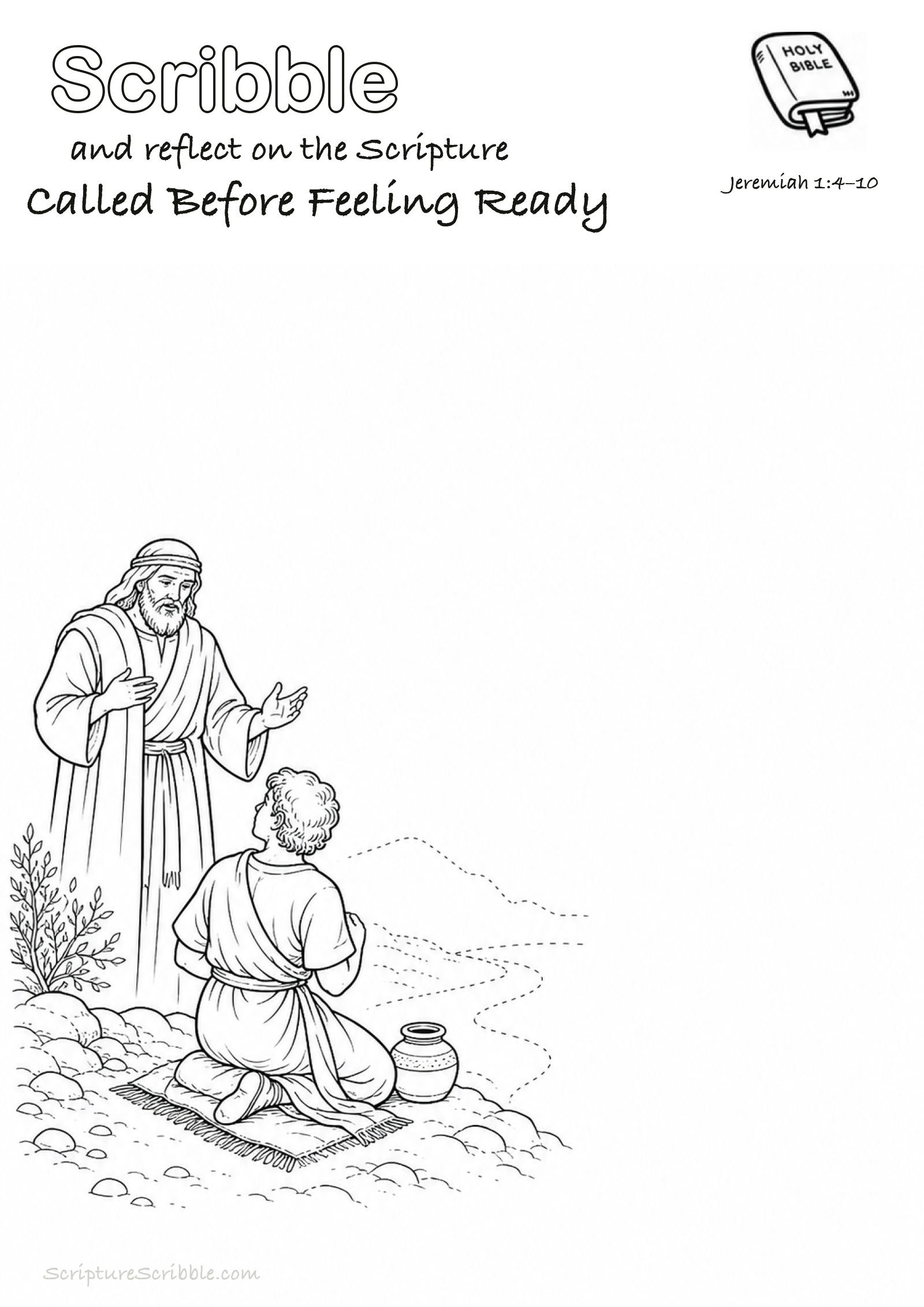 Black-and-white Jeremiah 1:4–10 devotional drawing page titled Called Before Feeling Ready, with a branded header, Bible reference and unfinished Bible scene.