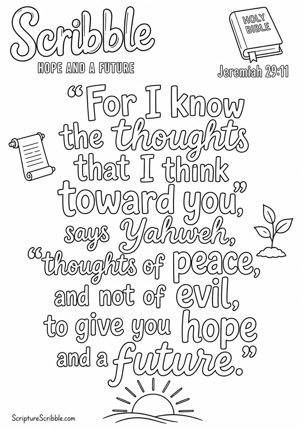 Black-and-white Jeremiah 29:11 Scripture typography colouring page with the verse in large, clear outlined lettering.