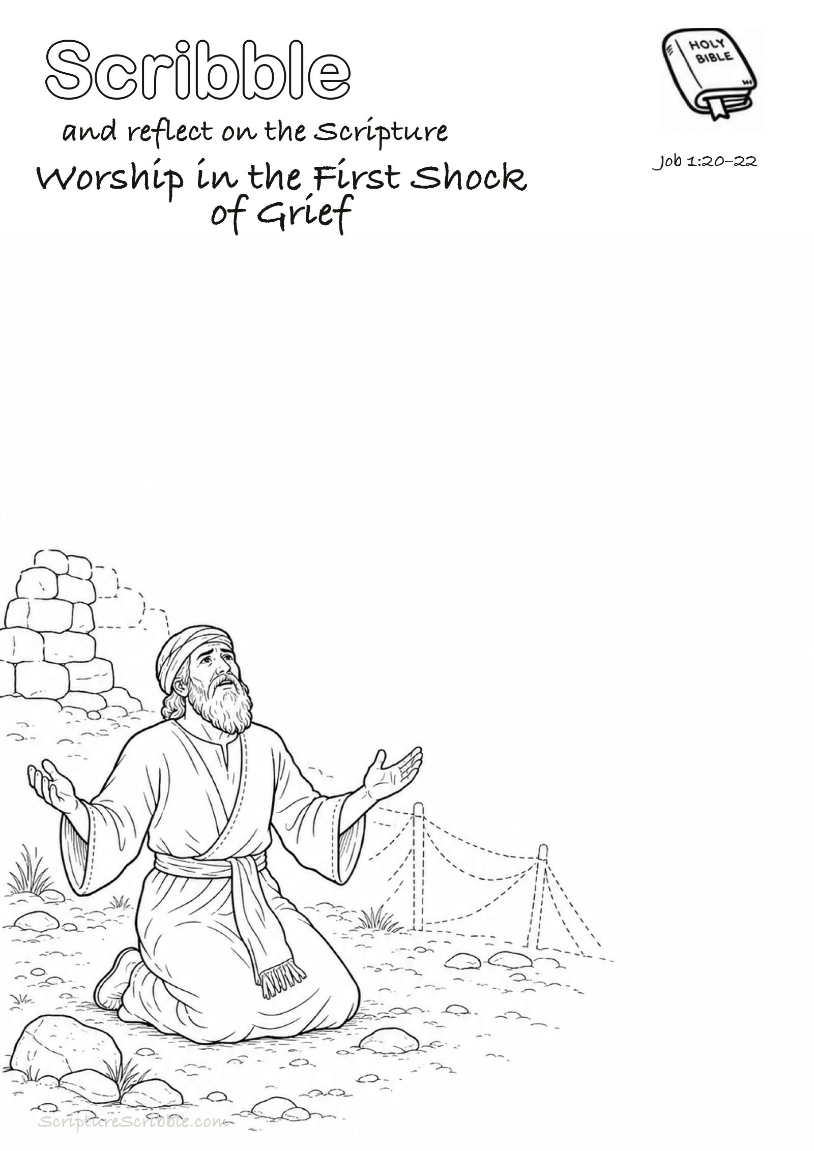 Black-and-white Job 1:20–22 devotional drawing page titled Worship in the First Shock of Grief, with a branded header, Bible reference and unfinished Bible scene.