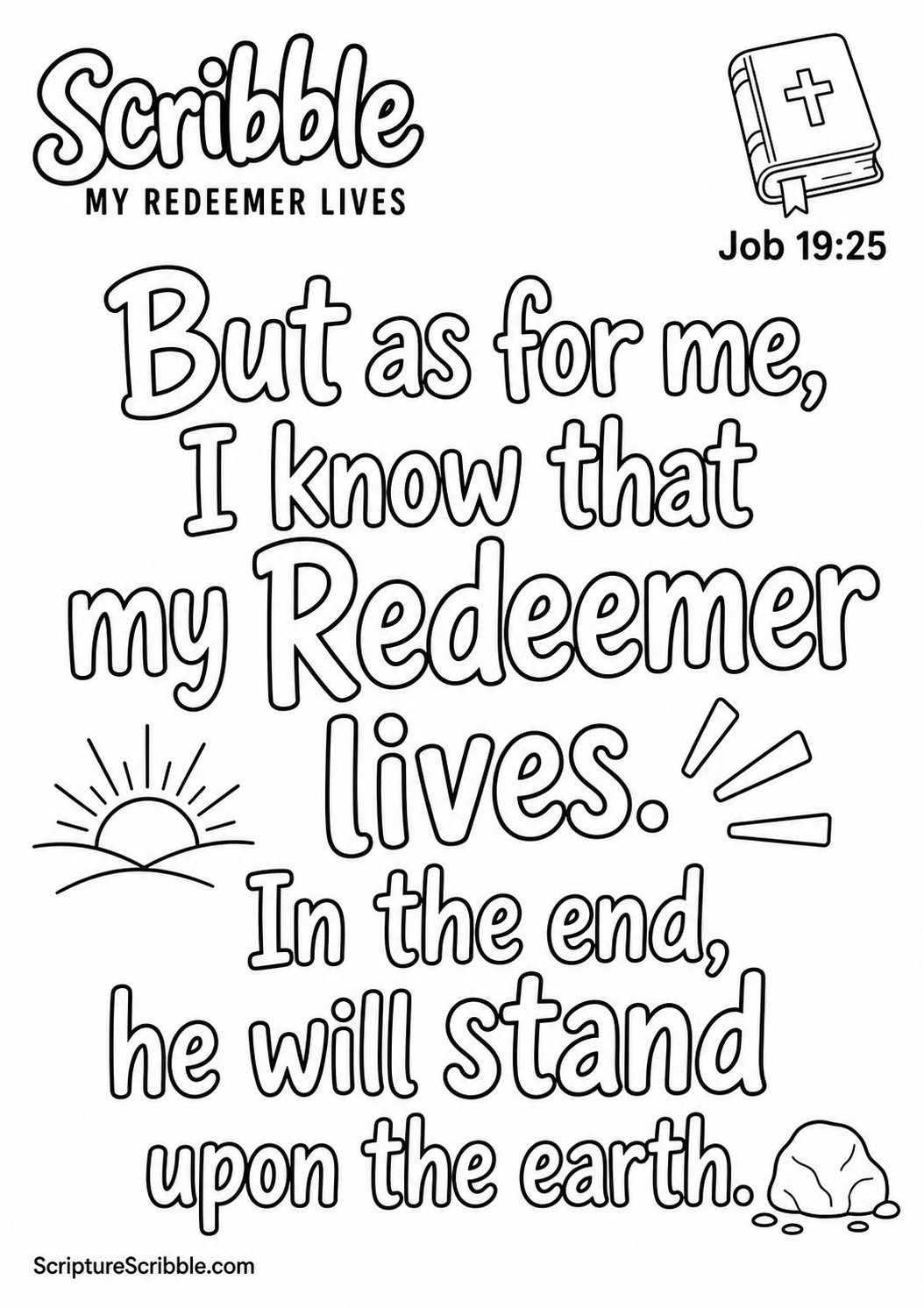 Black-and-white Job 19:25 Scripture typography colouring page with the verse in large, clear outlined lettering.