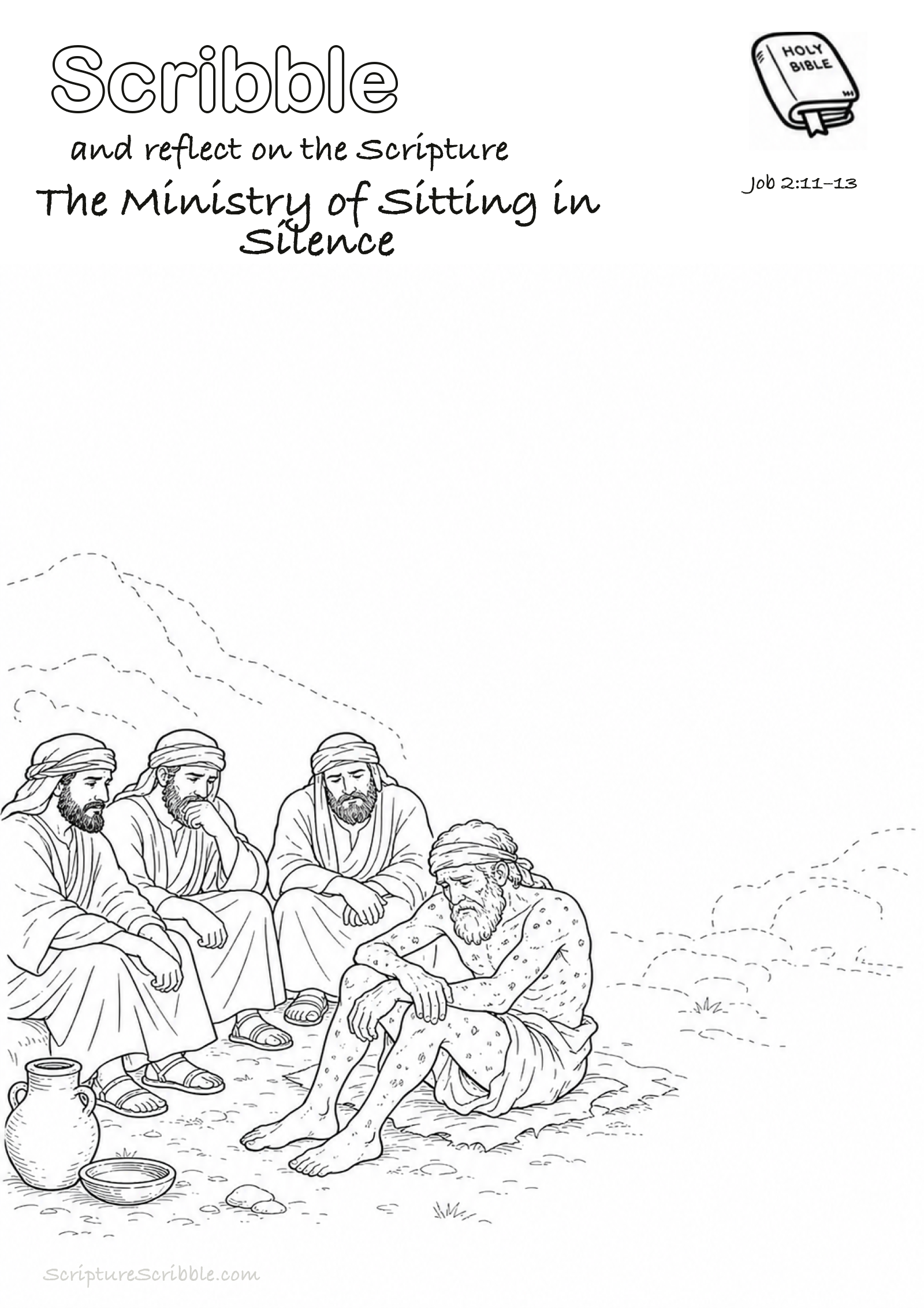 Black-and-white Job 2:11–13 devotional drawing page titled The Ministry of Sitting in Silence, with a branded header, Bible reference and unfinished Bible scene.