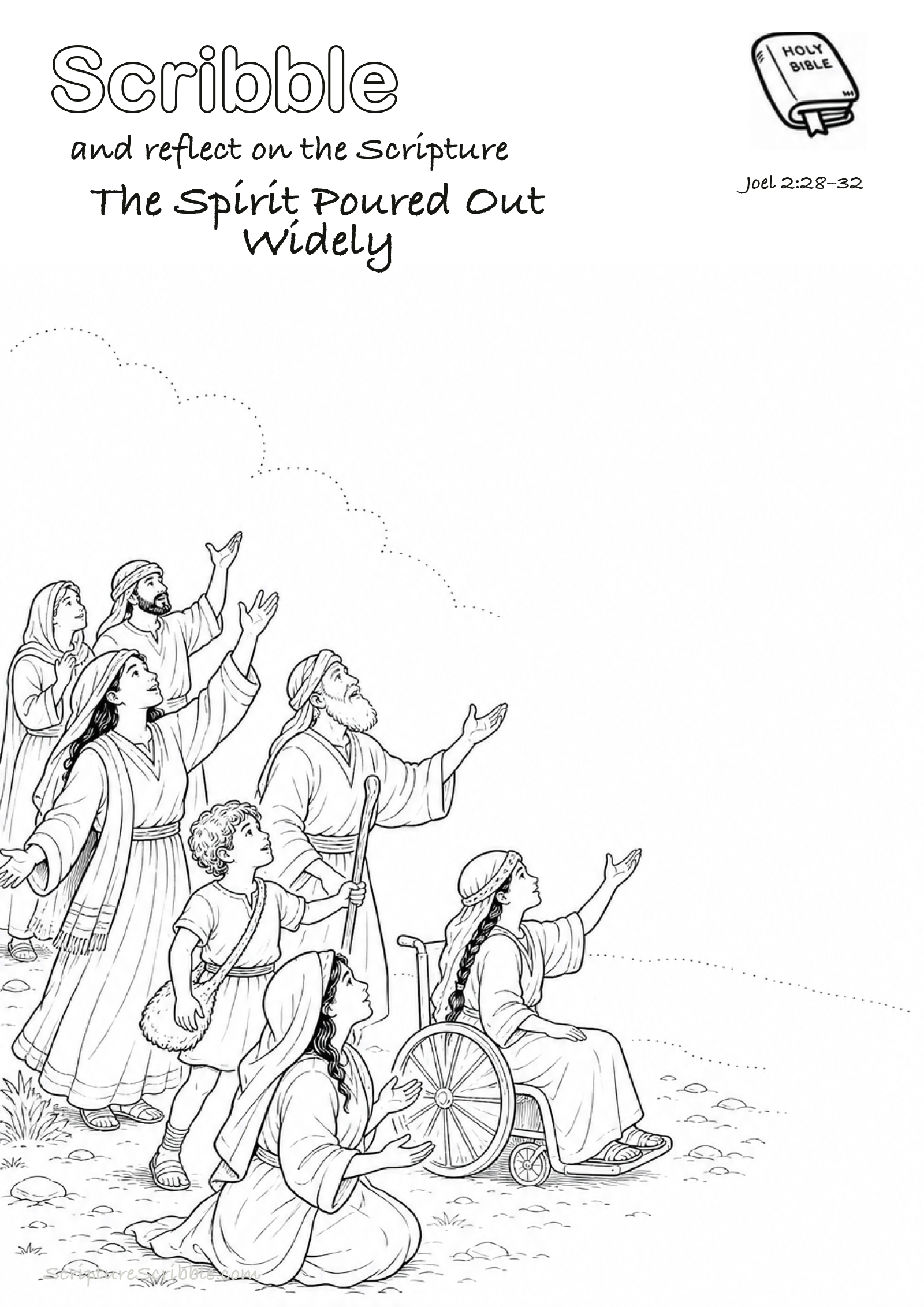 Black-and-white Joel 2:28–32 devotional drawing page titled The Spirit Poured Out Widely, with a branded header, Bible reference and unfinished Bible scene.
