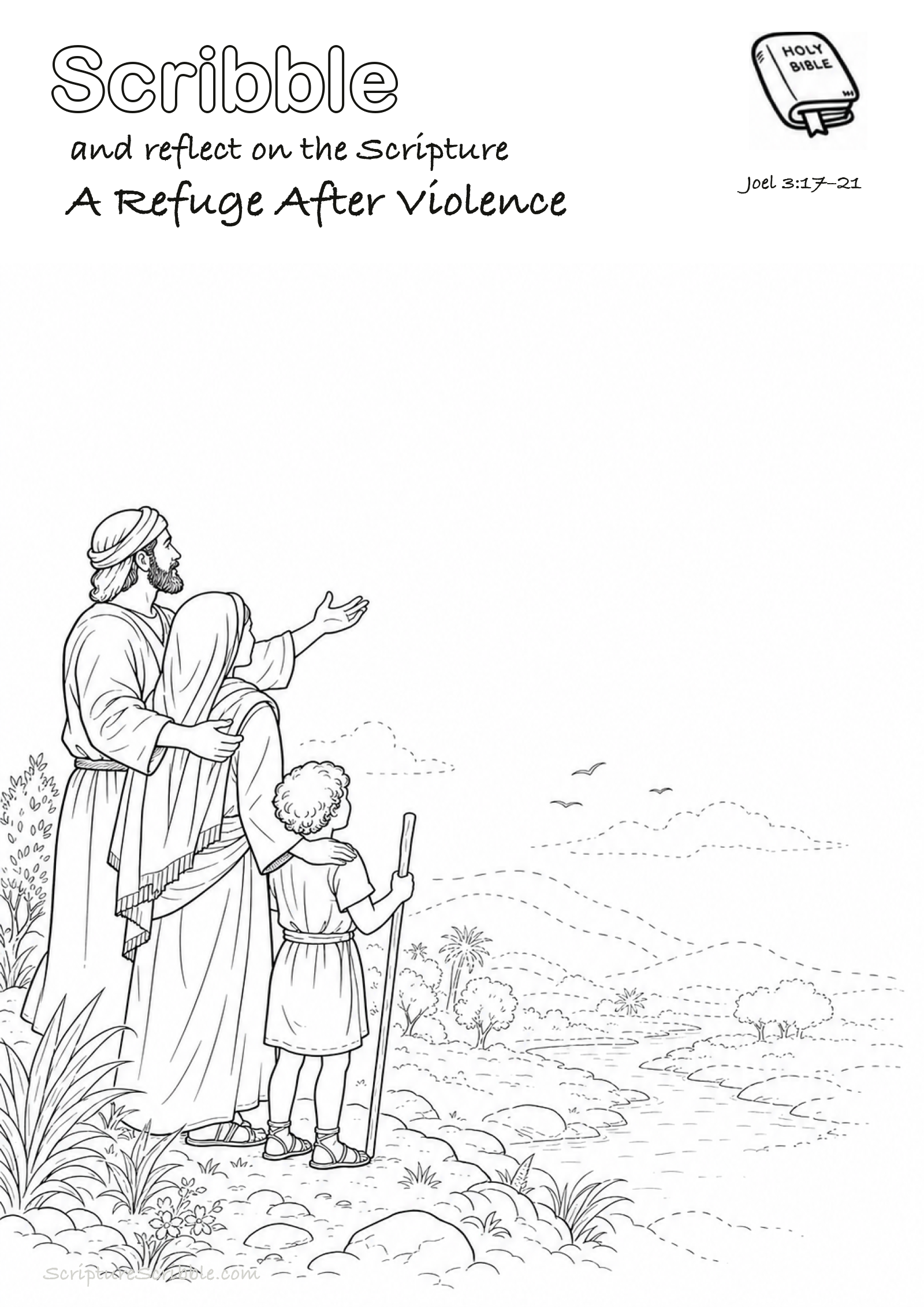 Black-and-white Joel 3:17–21 devotional drawing page titled A Refuge After Violence, with a branded header, Bible reference and unfinished Bible scene.
