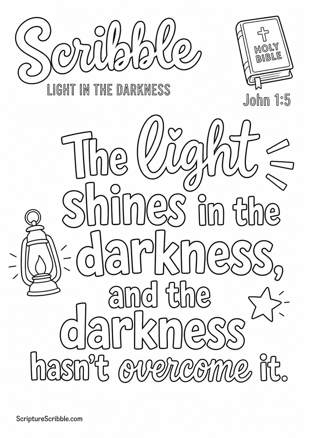 Black-and-white John 1:5 Scripture typography colouring page with the verse in large, clear outlined lettering.