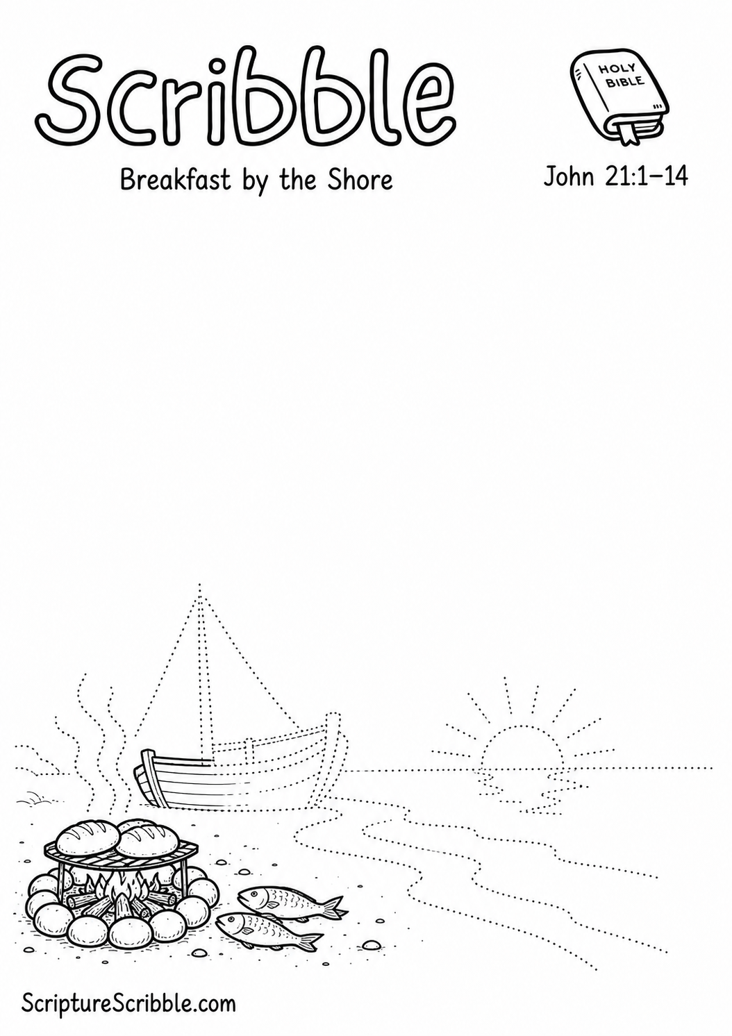 Black-and-white John 21:1–14 devotional drawing printable titled Breakfast by the Shore, with an incomplete charcoal fire, bread, fish and unfinished shoreline scene to finish