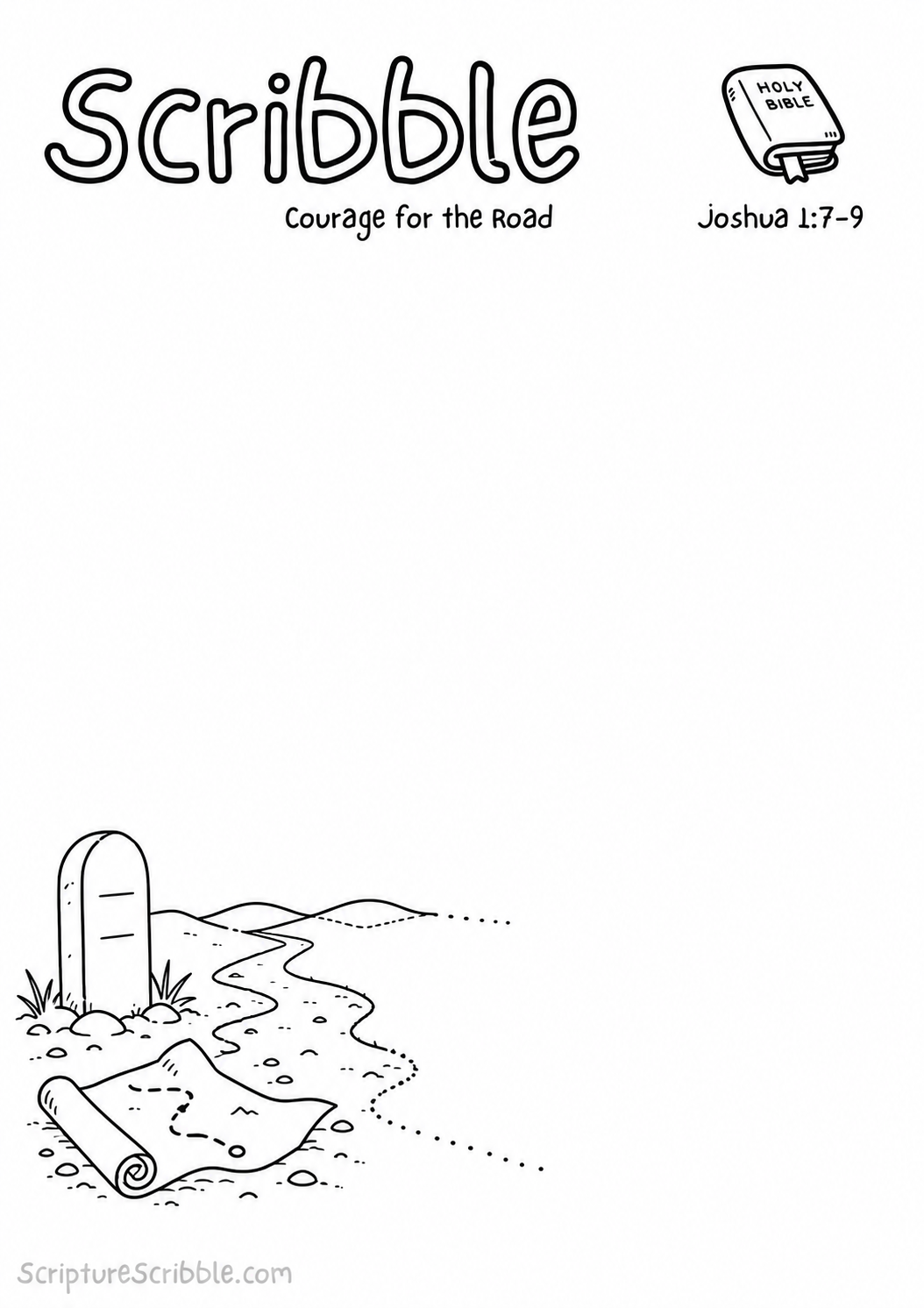 Black-and-white Joshua 1:7–9 devotional drawing printable titled Courage for the Road, with an incomplete road, milestone and unfinished map scene to finish
