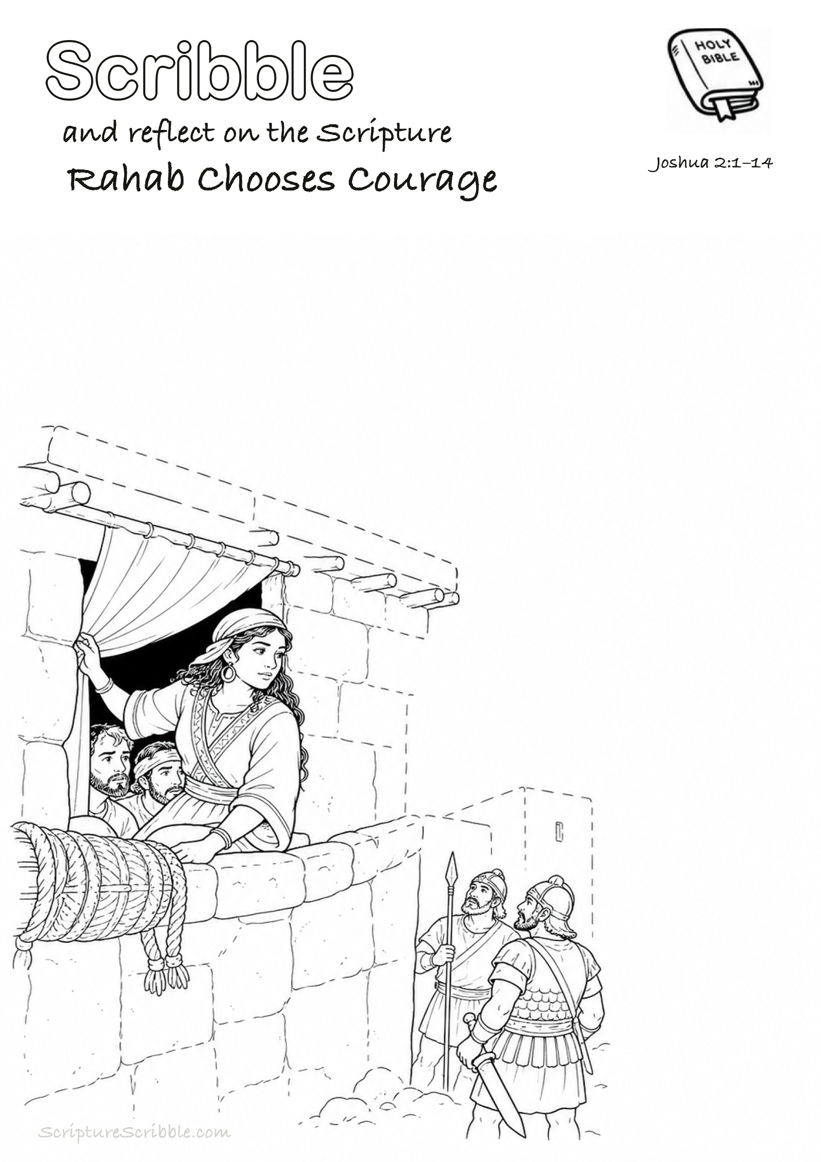 Black-and-white Joshua 2:1–14 devotional drawing page titled Rahab Chooses Courage, with a branded header, Bible reference and unfinished Bible scene.