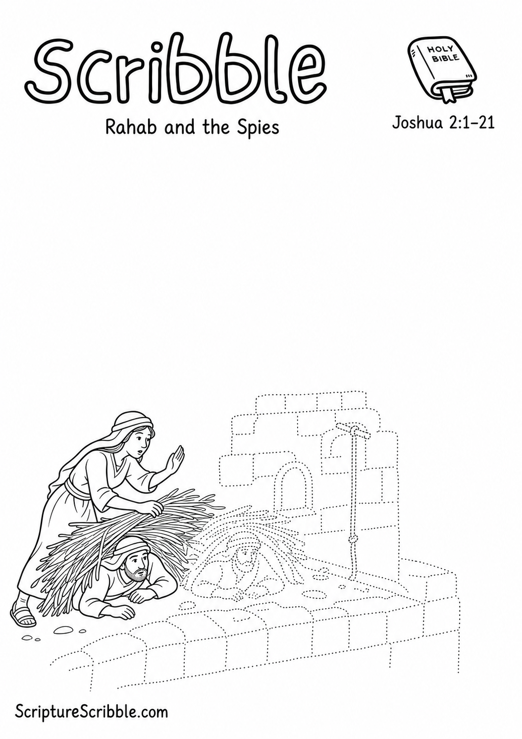 Black-and-white Joshua 2:1–21 Scribble printable showing Rahab spreading flax over two spies on a roof beside an unfinished wall and cord.