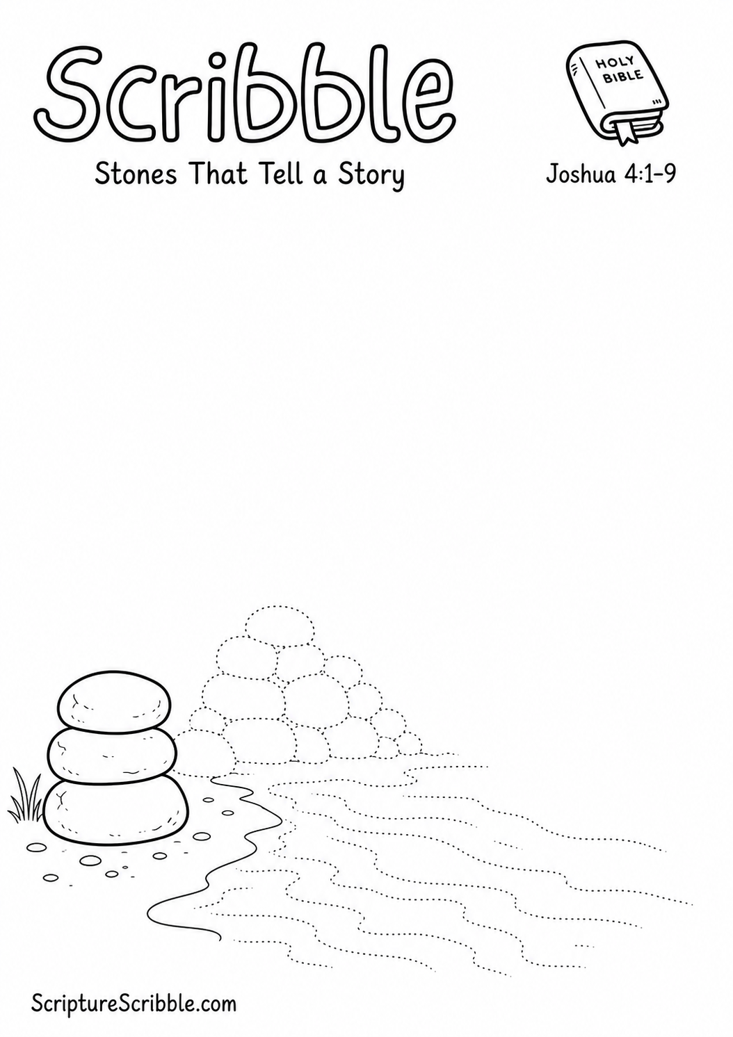 Black-and-white Joshua 4:1–9 devotional drawing printable titled Stones That Tell a Story, with an incomplete memorial stones and unfinished river crossing scene to finish