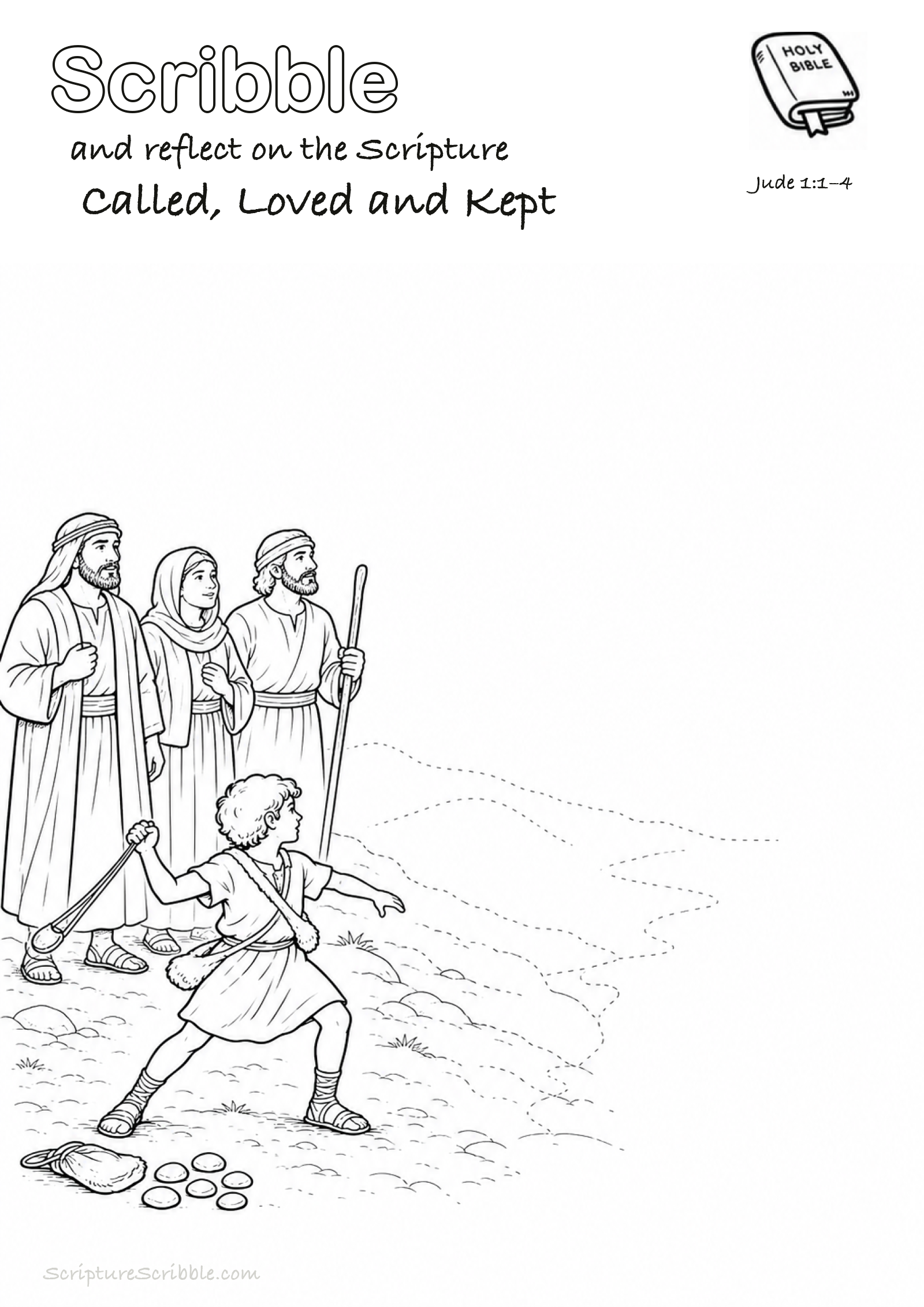 Black-and-white Jude 1:1–4 devotional drawing page titled Called, Loved and Kept, with a branded header, Bible reference and unfinished Bible scene.
