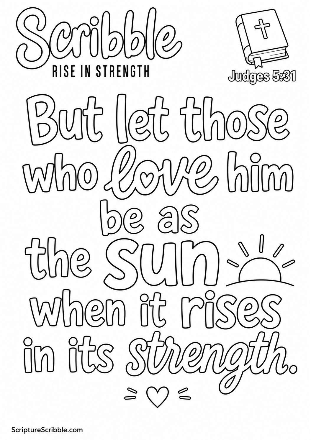 Black-and-white Judges 5:31 Scripture typography colouring page with the verse in large, clear outlined lettering.