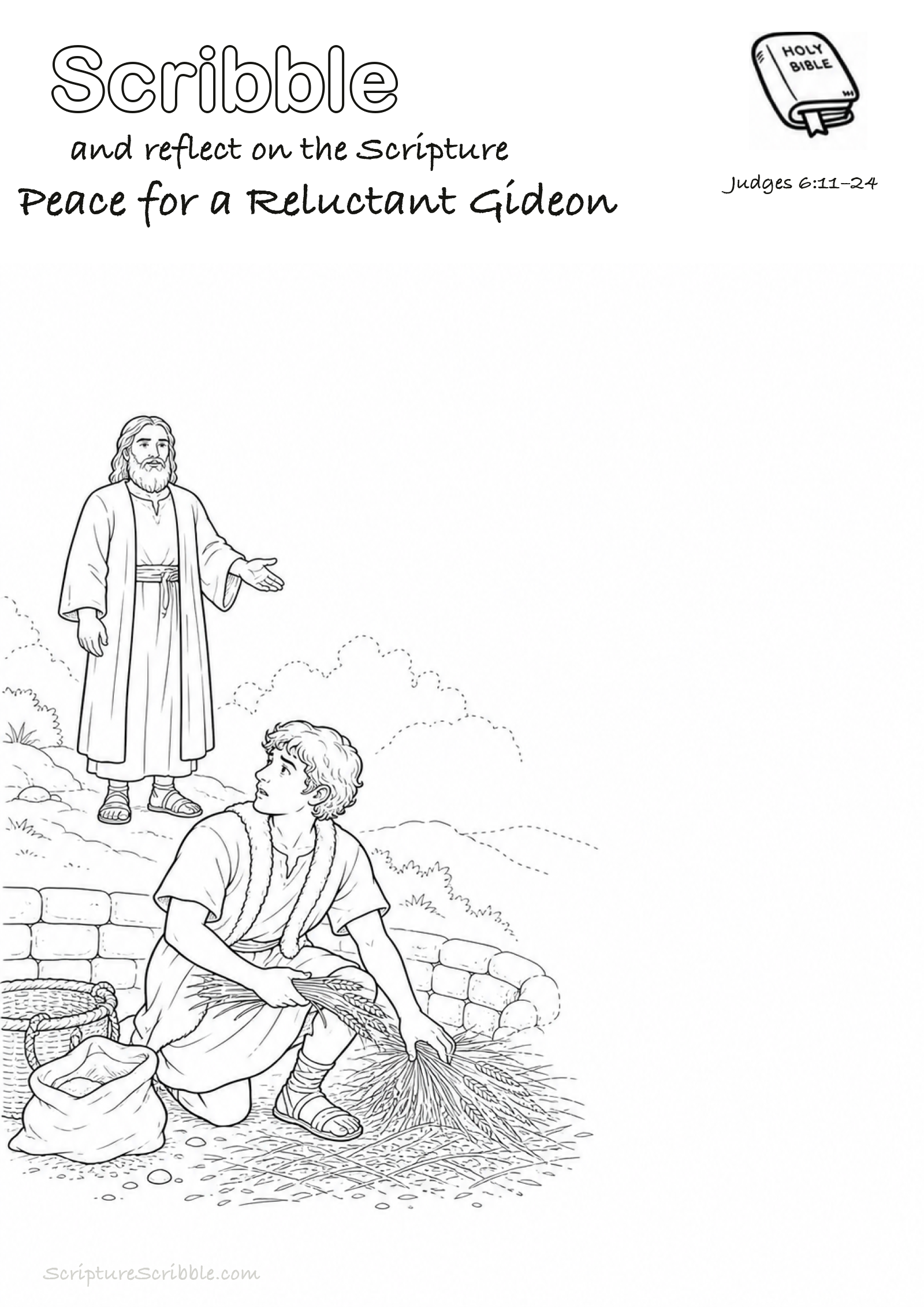 Black-and-white Judges 6:11–24 devotional drawing page titled Peace for a Reluctant Gideon, with a branded header, Bible reference and unfinished Bible scene.