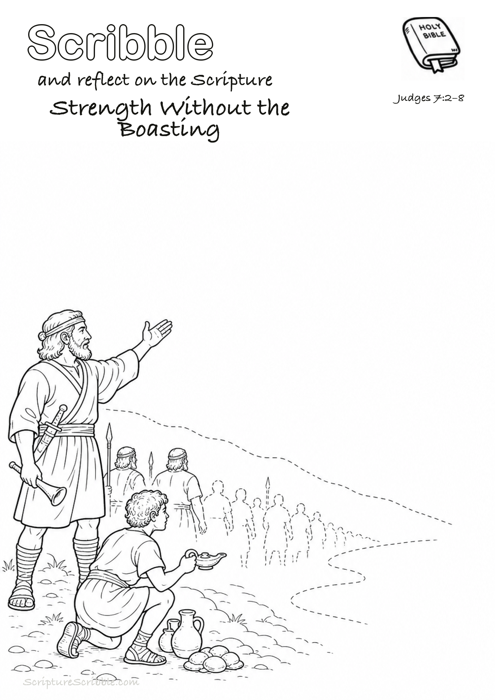 Black-and-white Judges 7:2–8 devotional drawing page titled Strength Without the Boasting, with a branded header, Bible reference and unfinished Bible scene.