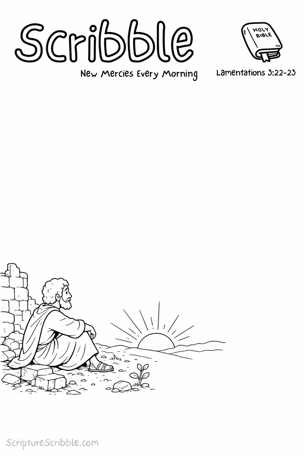 Black-and-white Lamentations 3:22–23 Scribble printable showing a seated figure beside ruined stones, a sunrise and an open landscape to complete.