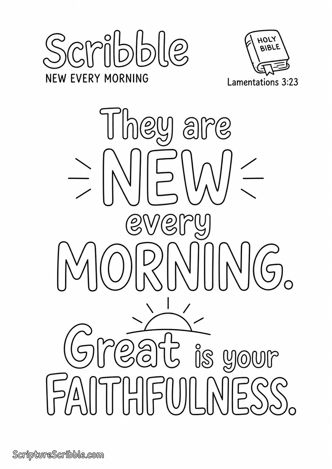 Black-and-white Lamentations 3:23 Scripture typography colouring page featuring the full verse in large, clear outlined lettering.