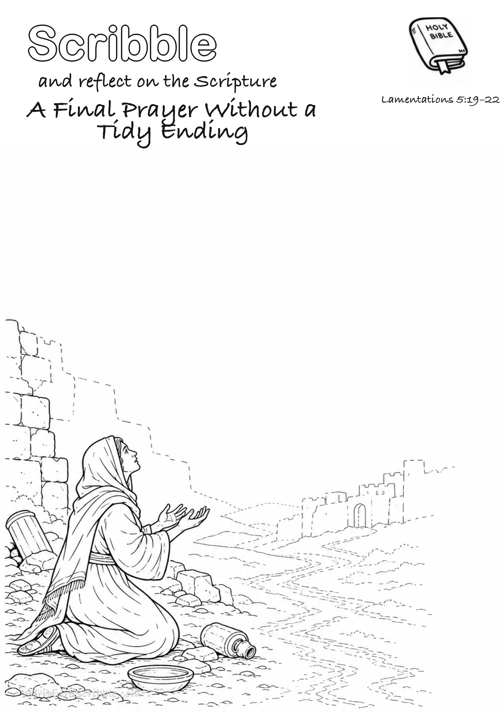 Black-and-white Lamentations 5:19–22 devotional drawing page titled A Final Prayer Without a Tidy Ending, with a branded header, Bible reference and unfinished Bible scene.