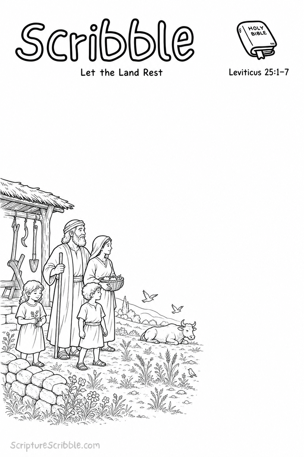 Black-and-white Leviticus 25:1–7 Scribble printable showing a family, unused tools, a resting ox and wild plants in a Sabbath-year field.